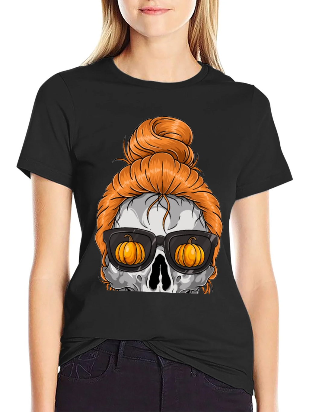 Pumpkin Skull Messy Bun Halloween T-Shirt