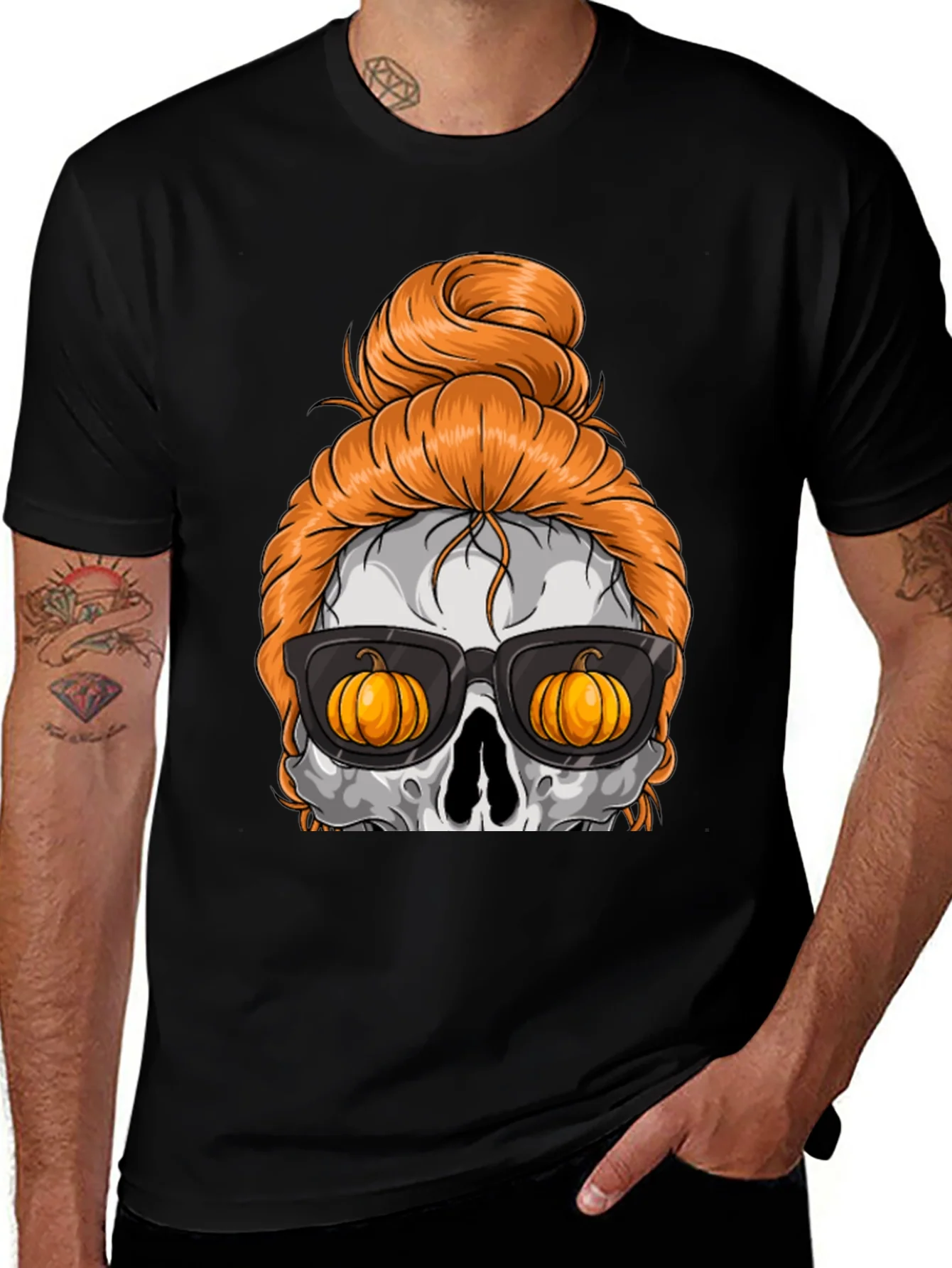 Pumpkin Skull Messy Bun Halloween T-Shirt