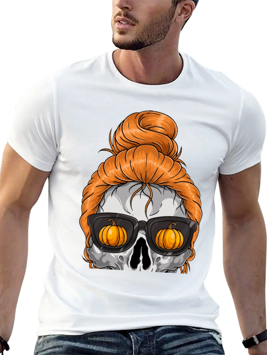 Pumpkin Skull Messy Bun Halloween T-Shirt