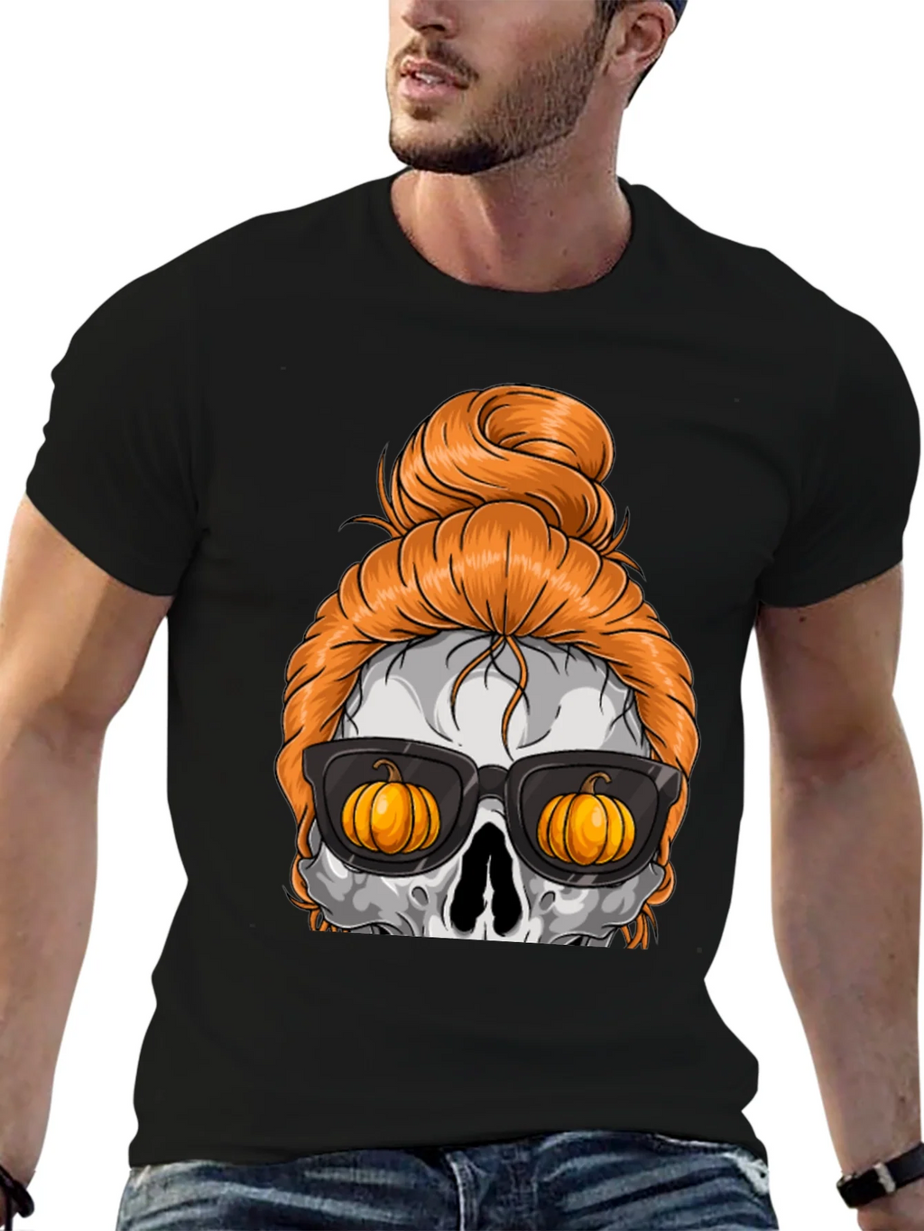 Pumpkin Skull Messy Bun Halloween T-Shirt