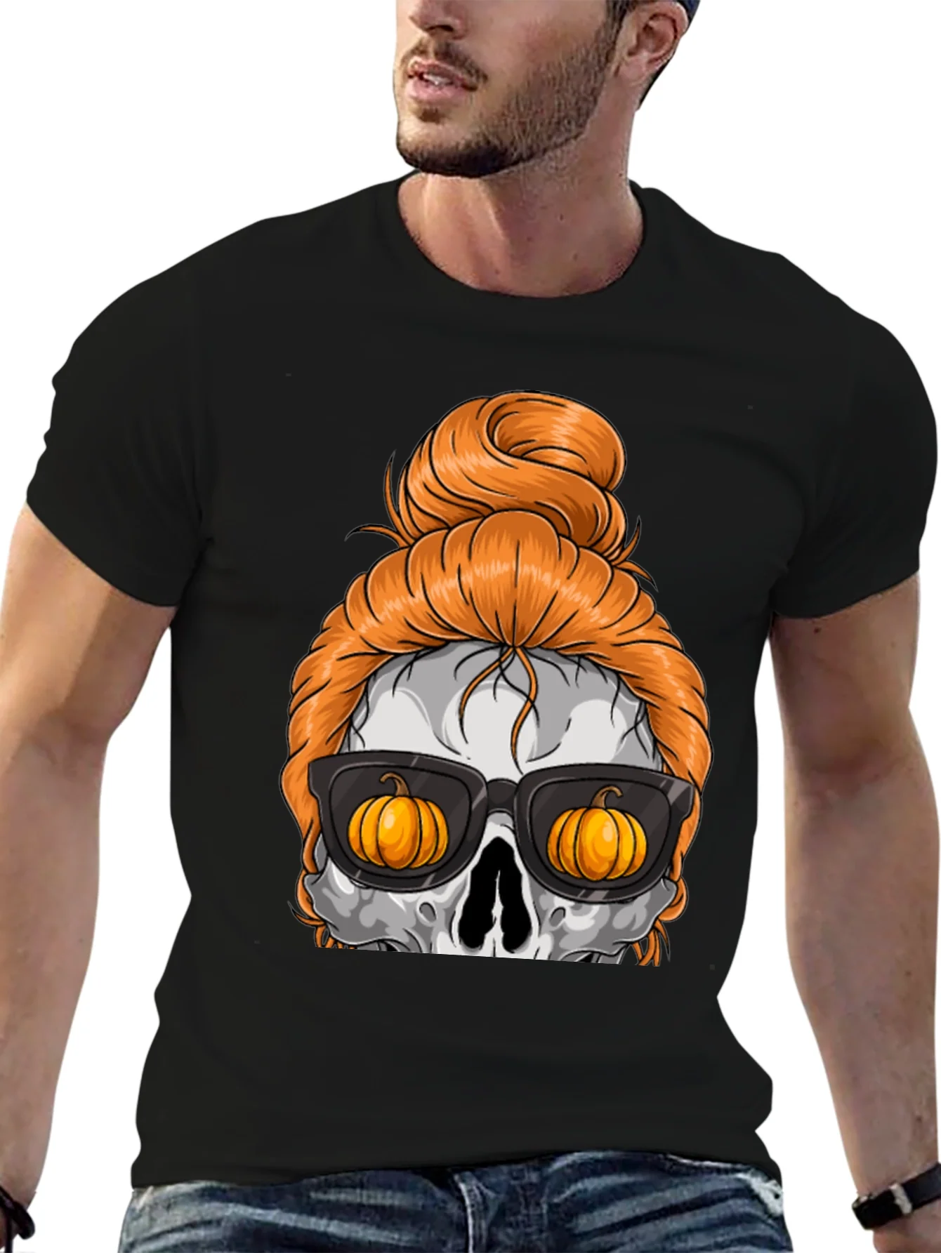 Pumpkin Skull Messy Bun Halloween T-Shirt