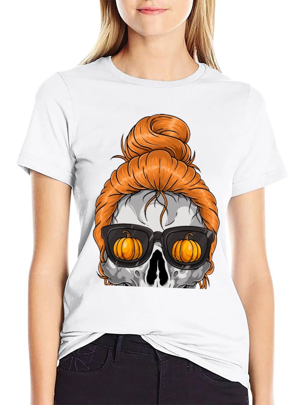 Pumpkin Skull Messy Bun Halloween T-Shirt