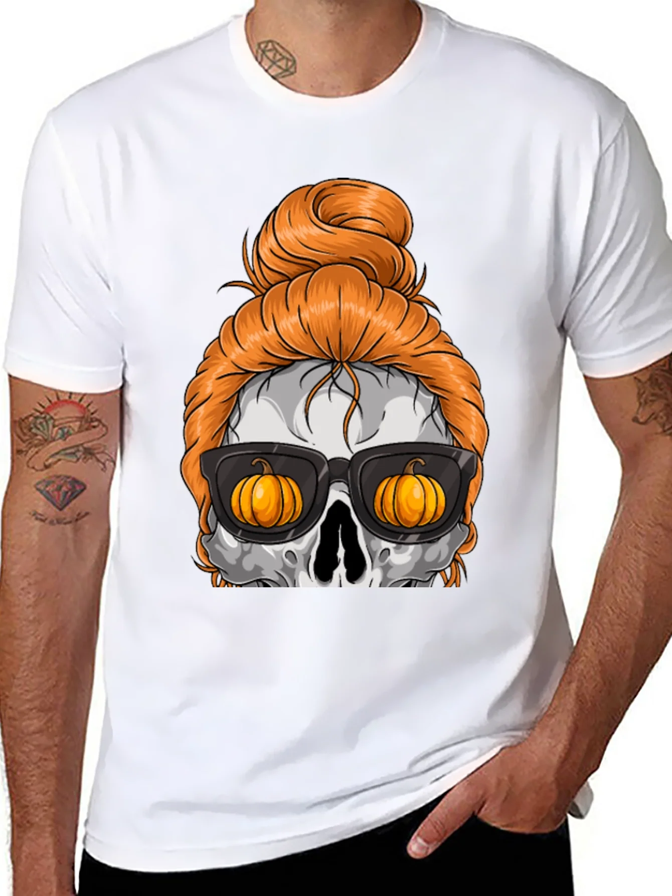 Pumpkin Skull Messy Bun Halloween T-Shirt