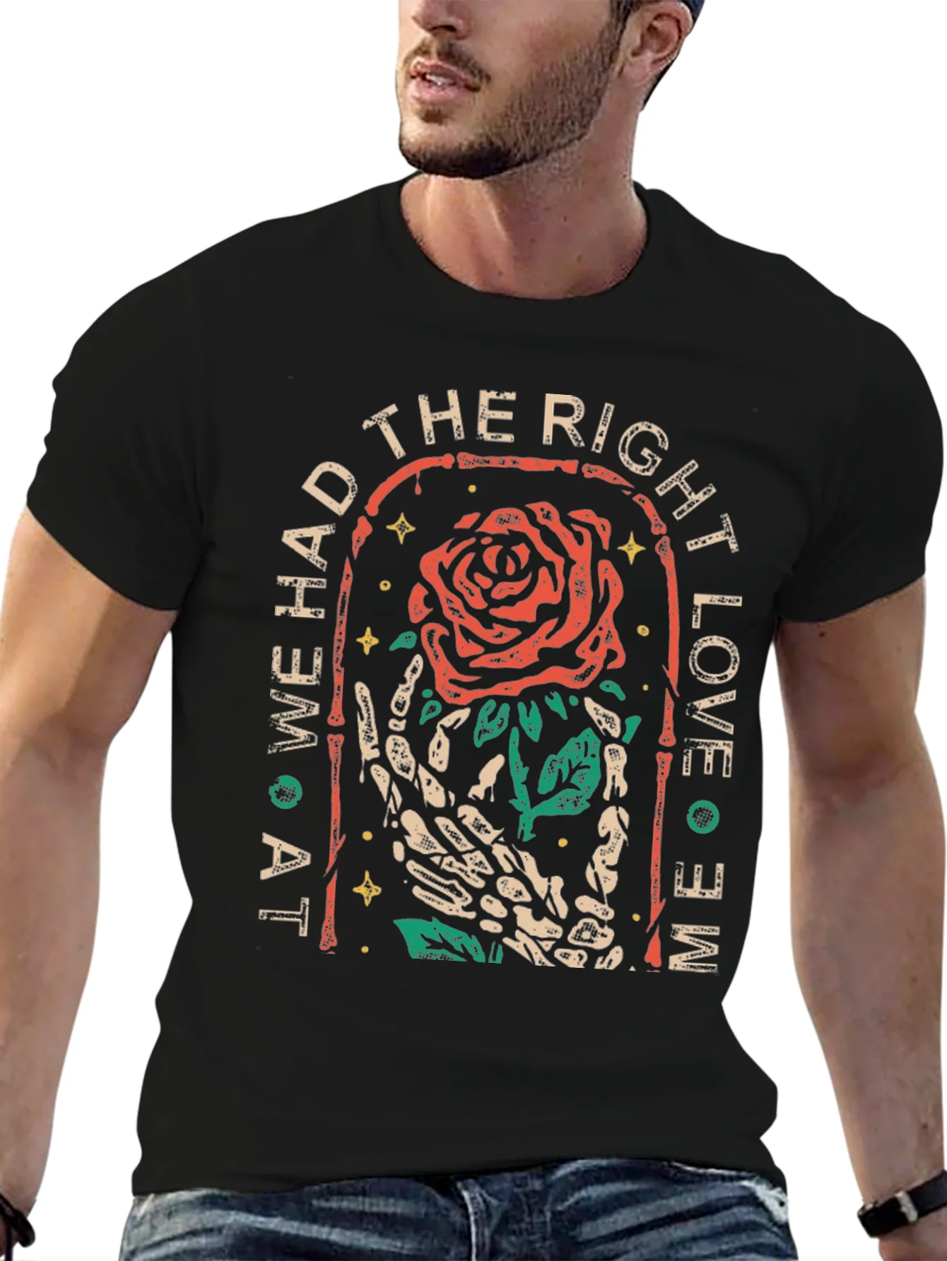 Skeleton Hand Rose Graphic Tee - At We Had The Right Love O Me