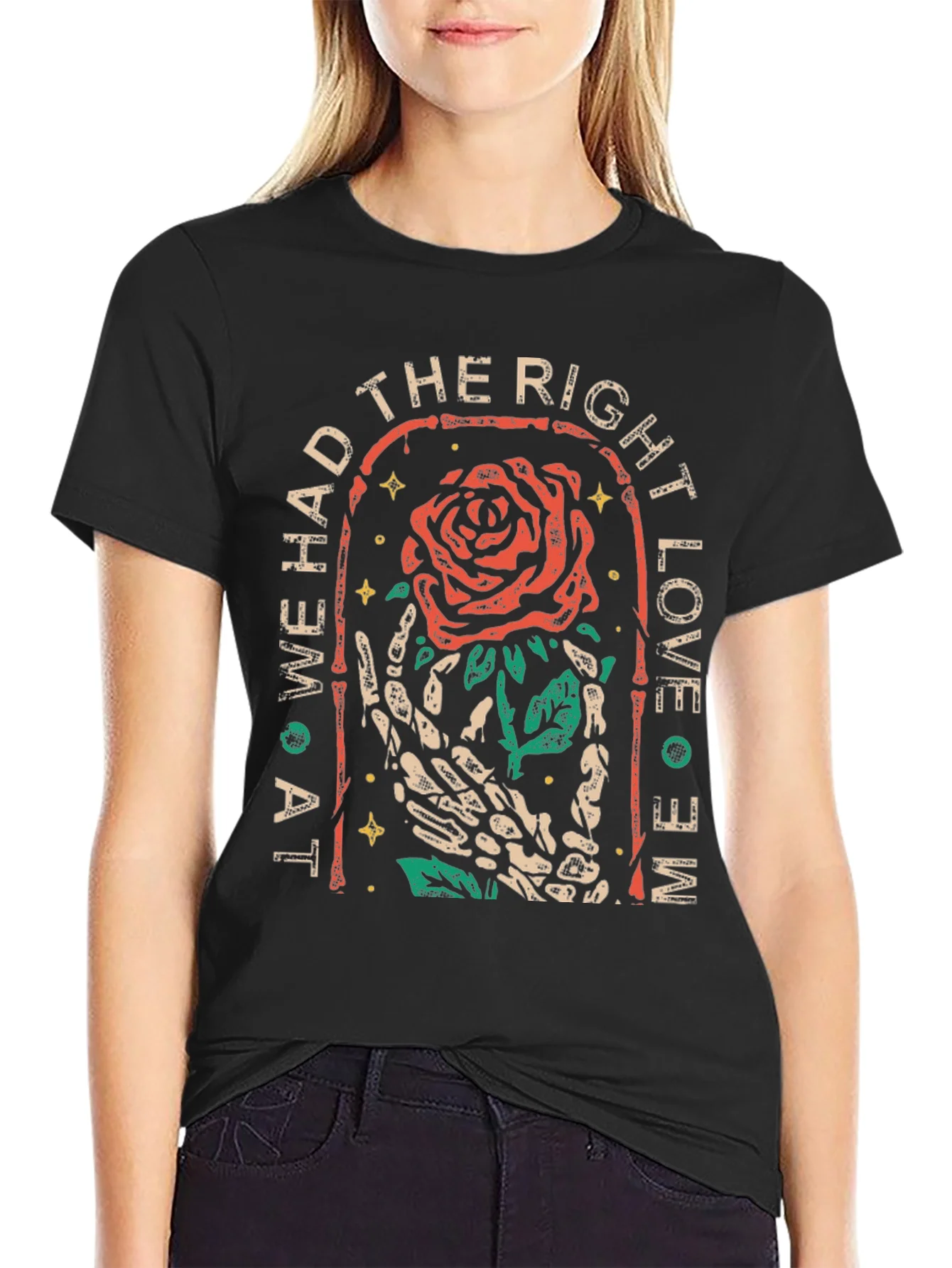 Skeleton Hand Rose Graphic Tee - At We Had The Right Love O Me