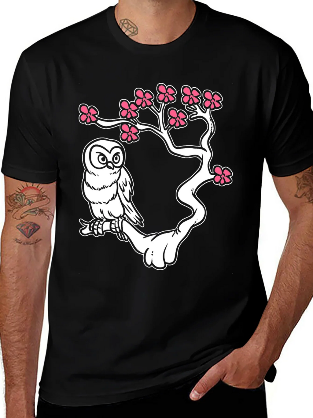 Owl on Branch Graphic T-Shirt - Black