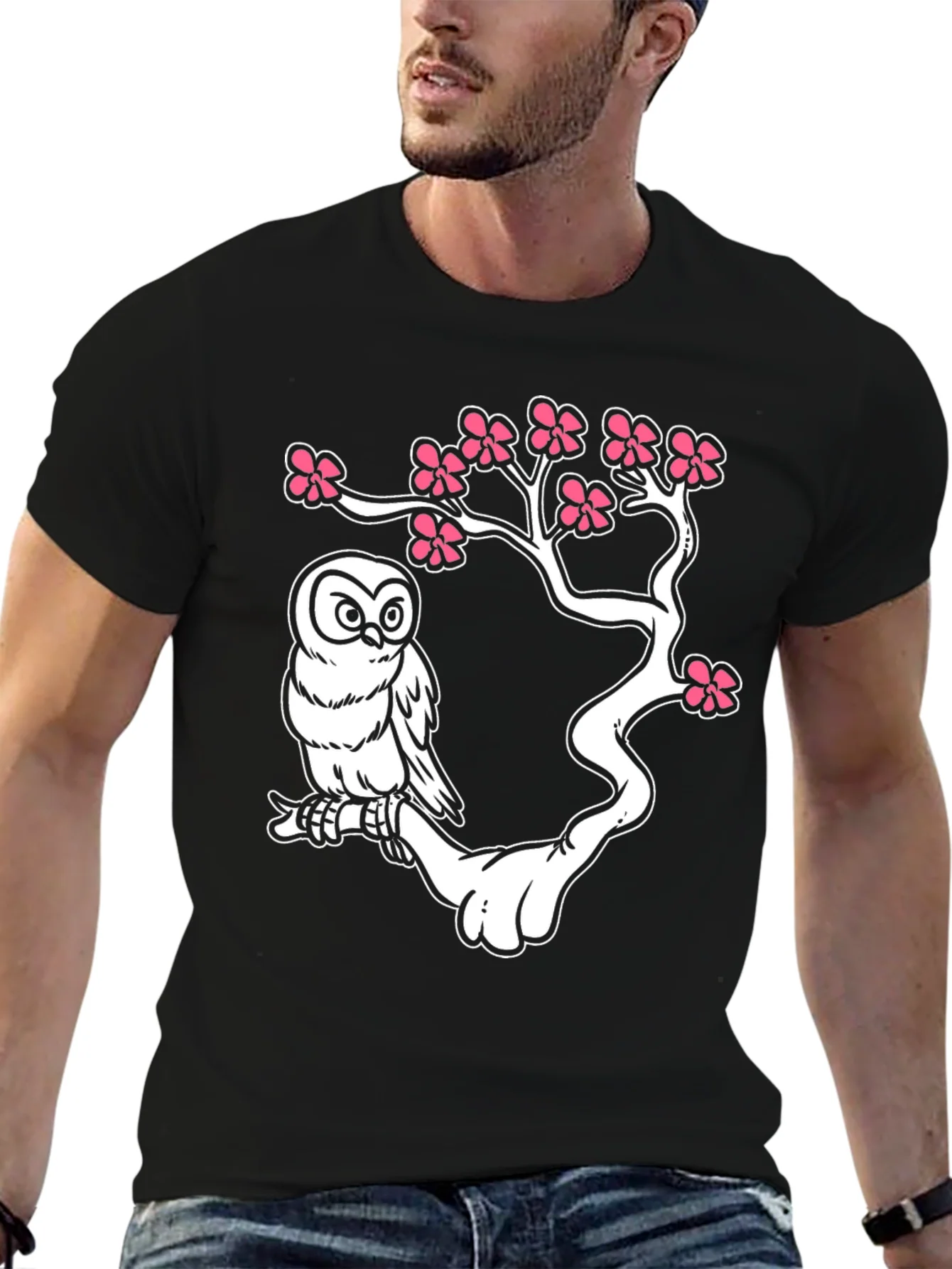 Owl on Branch Graphic T-Shirt - Black