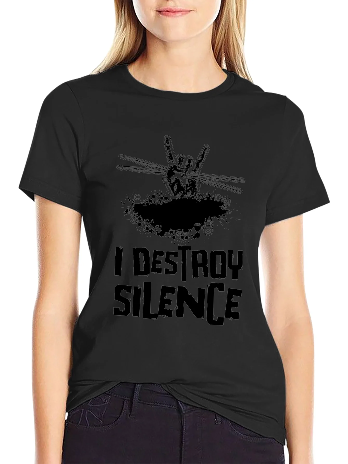 I DESTROY SILENCE Black T-Shirt - Rock Hand Drum Sticks