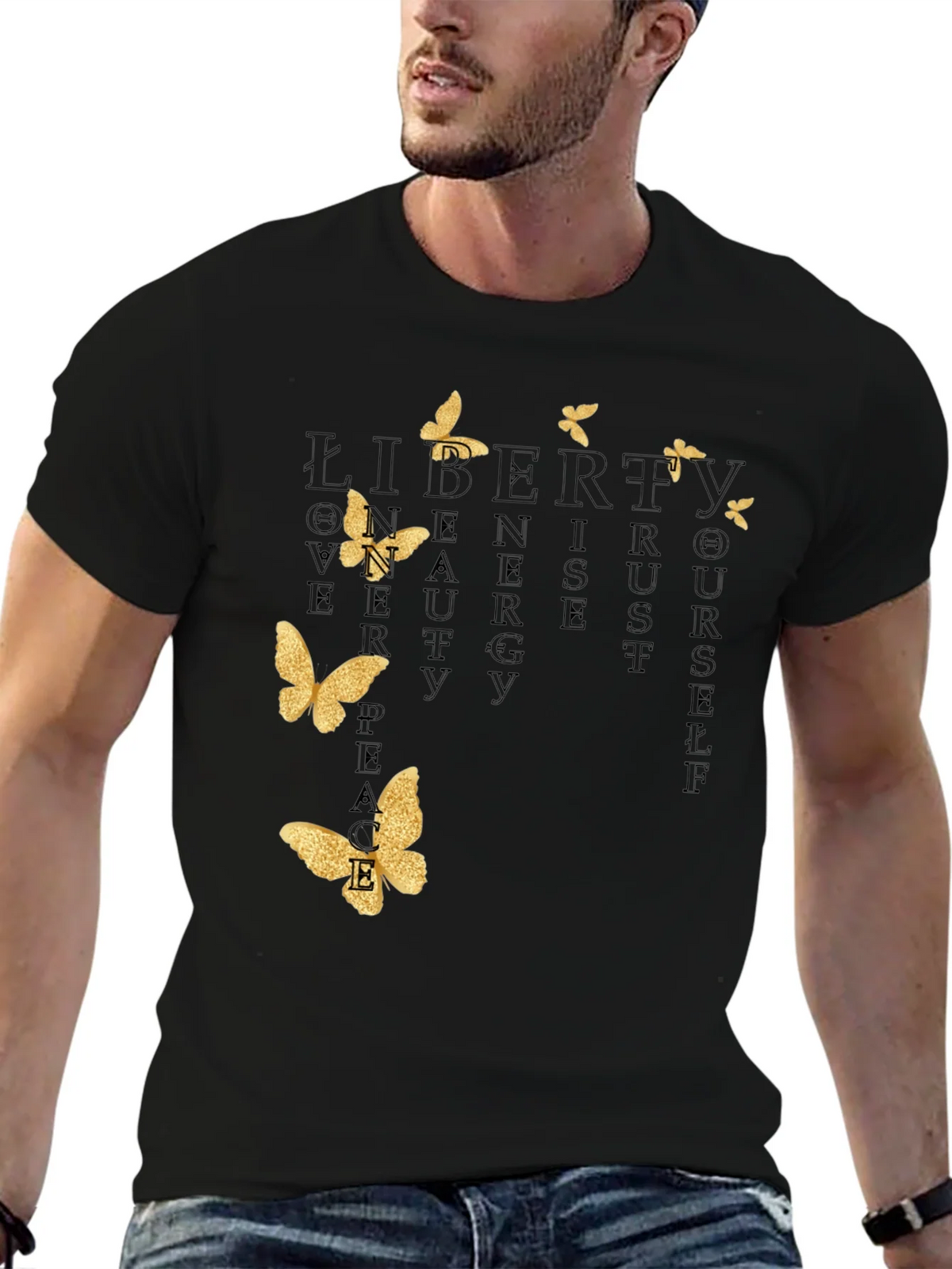 Black T-Shirt with Butterfly and Inspirational Word Art