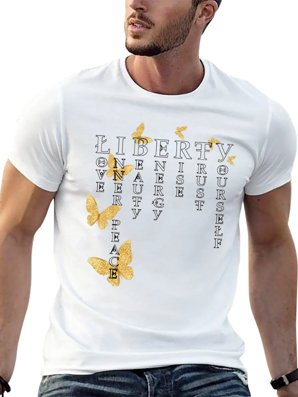 Black T-Shirt with Butterfly and Inspirational Word Art