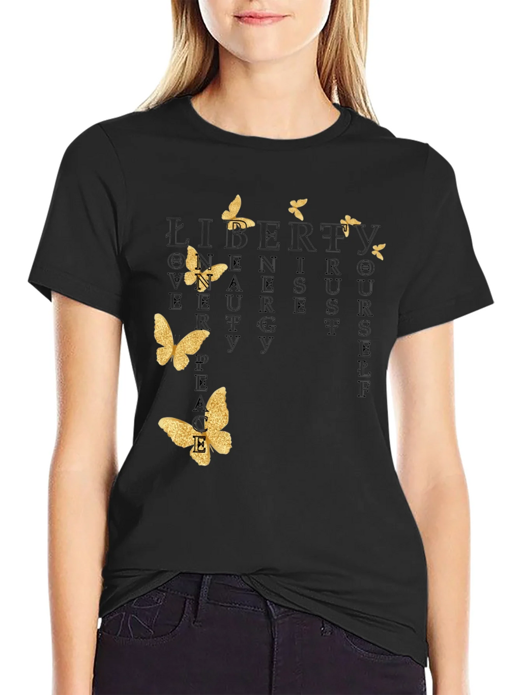 Black T-Shirt with Butterfly and Inspirational Word Art