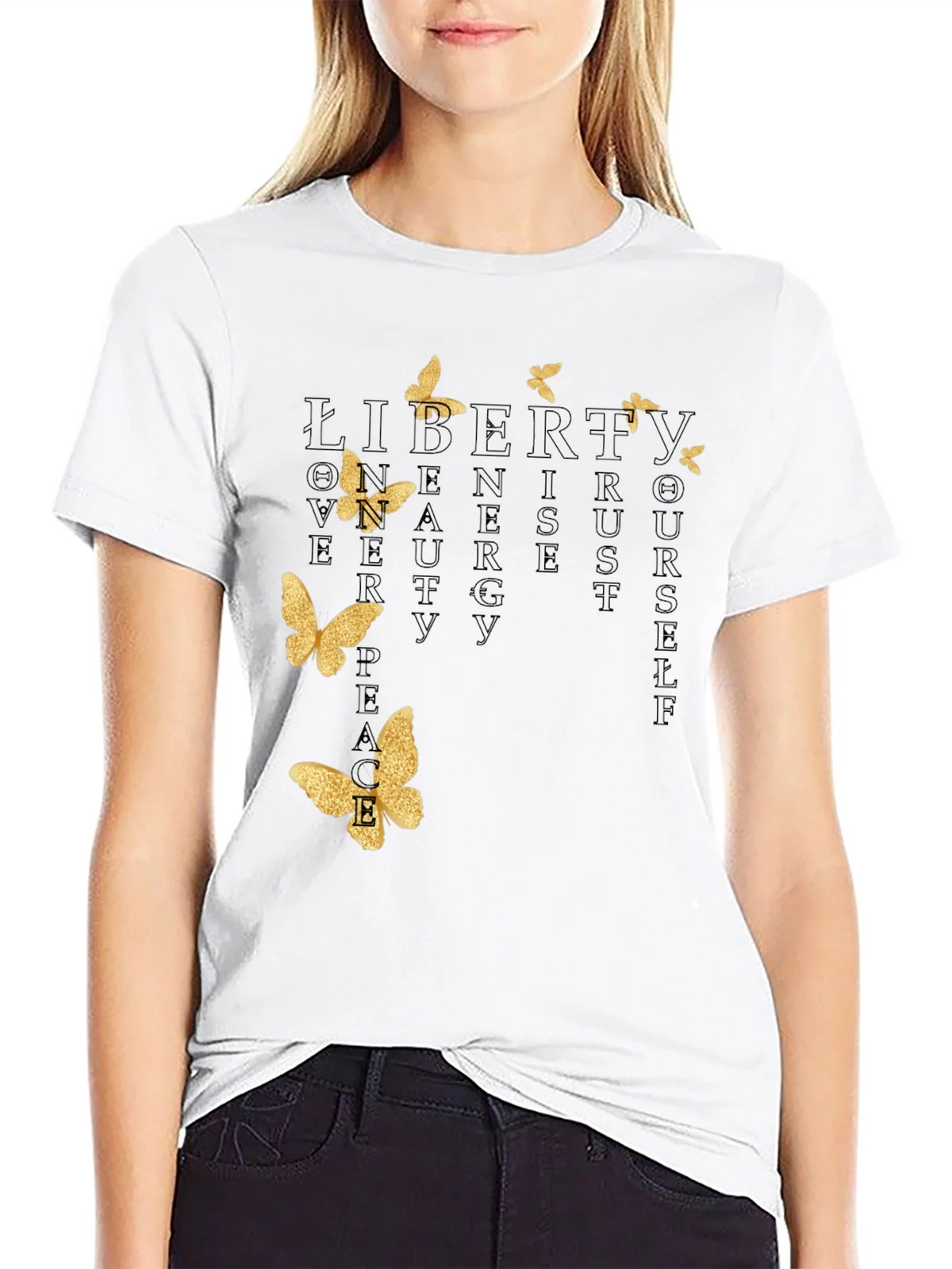Black T-Shirt with Butterfly and Inspirational Word Art