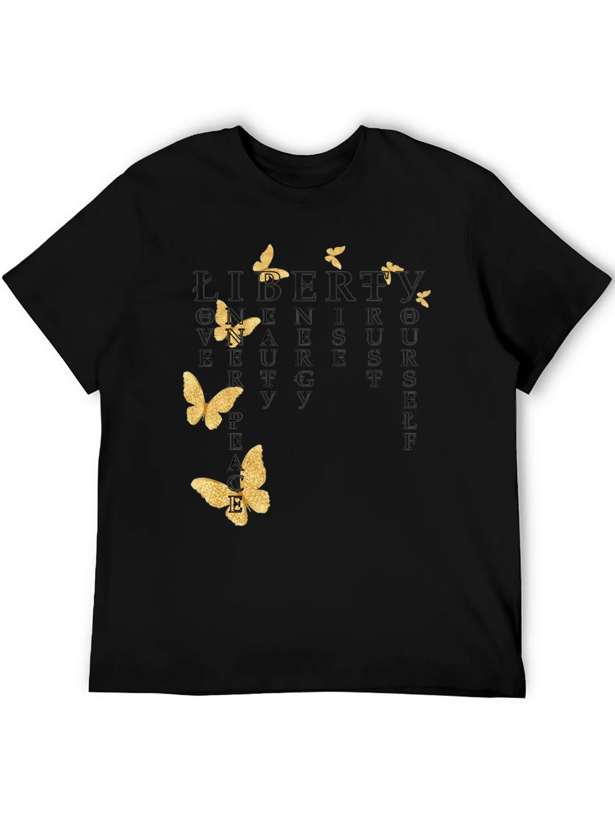 Black T-Shirt with Butterfly and Inspirational Word Art