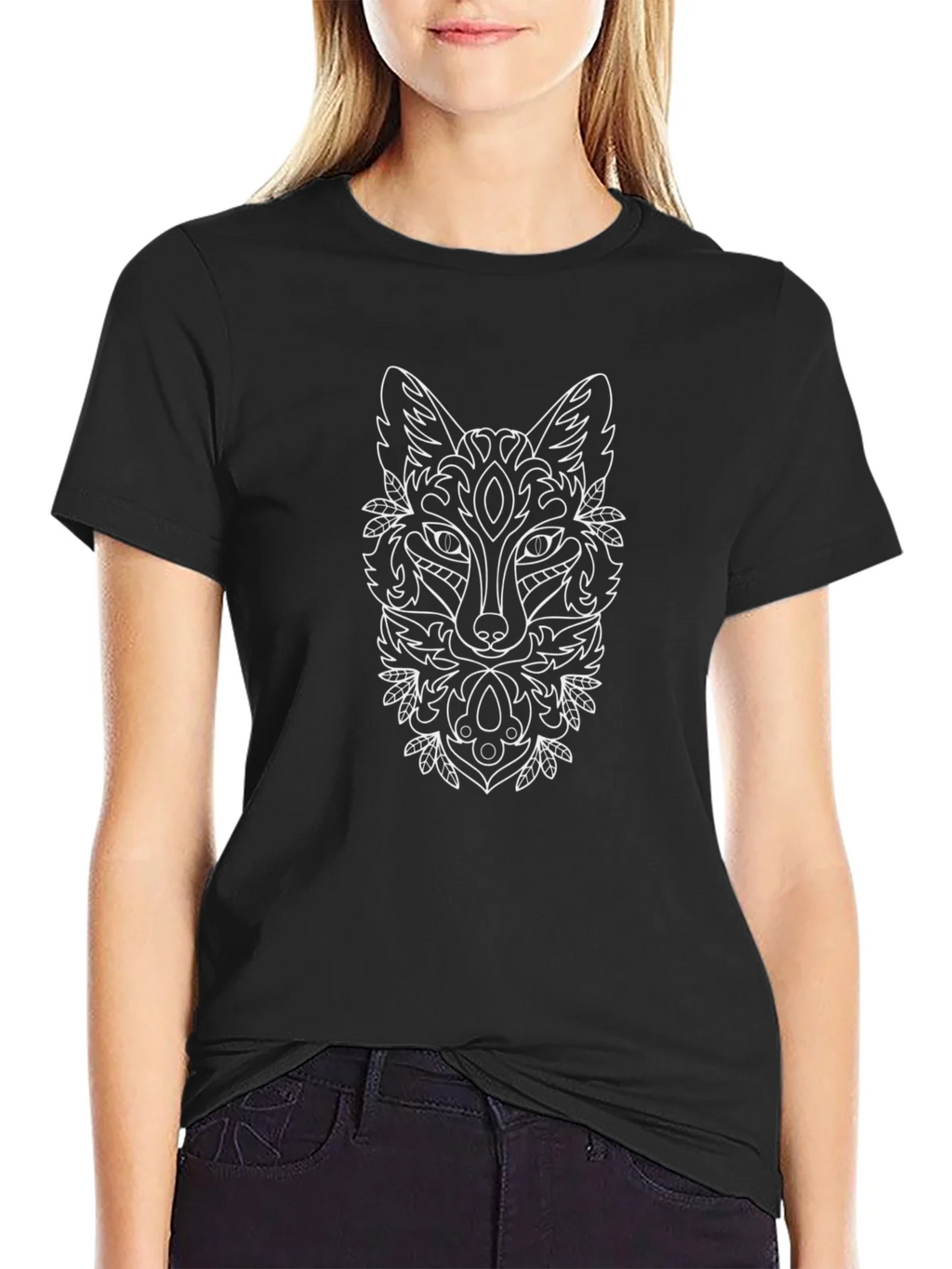 Fox Mandala Graphic Print Black T-Shirt