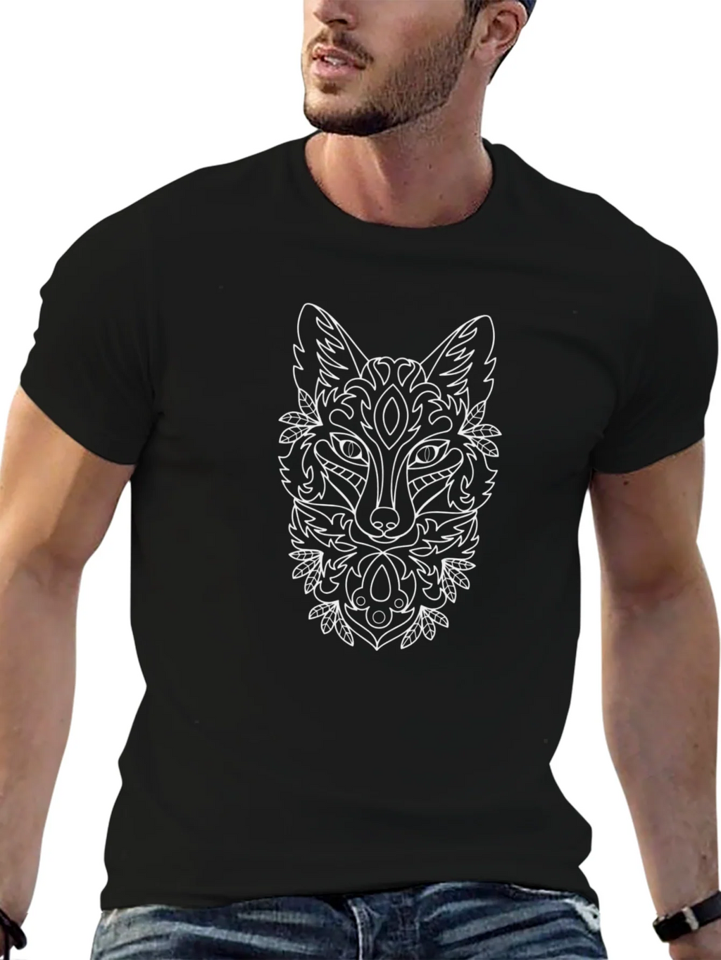 Fox Mandala Graphic Print Black T-Shirt