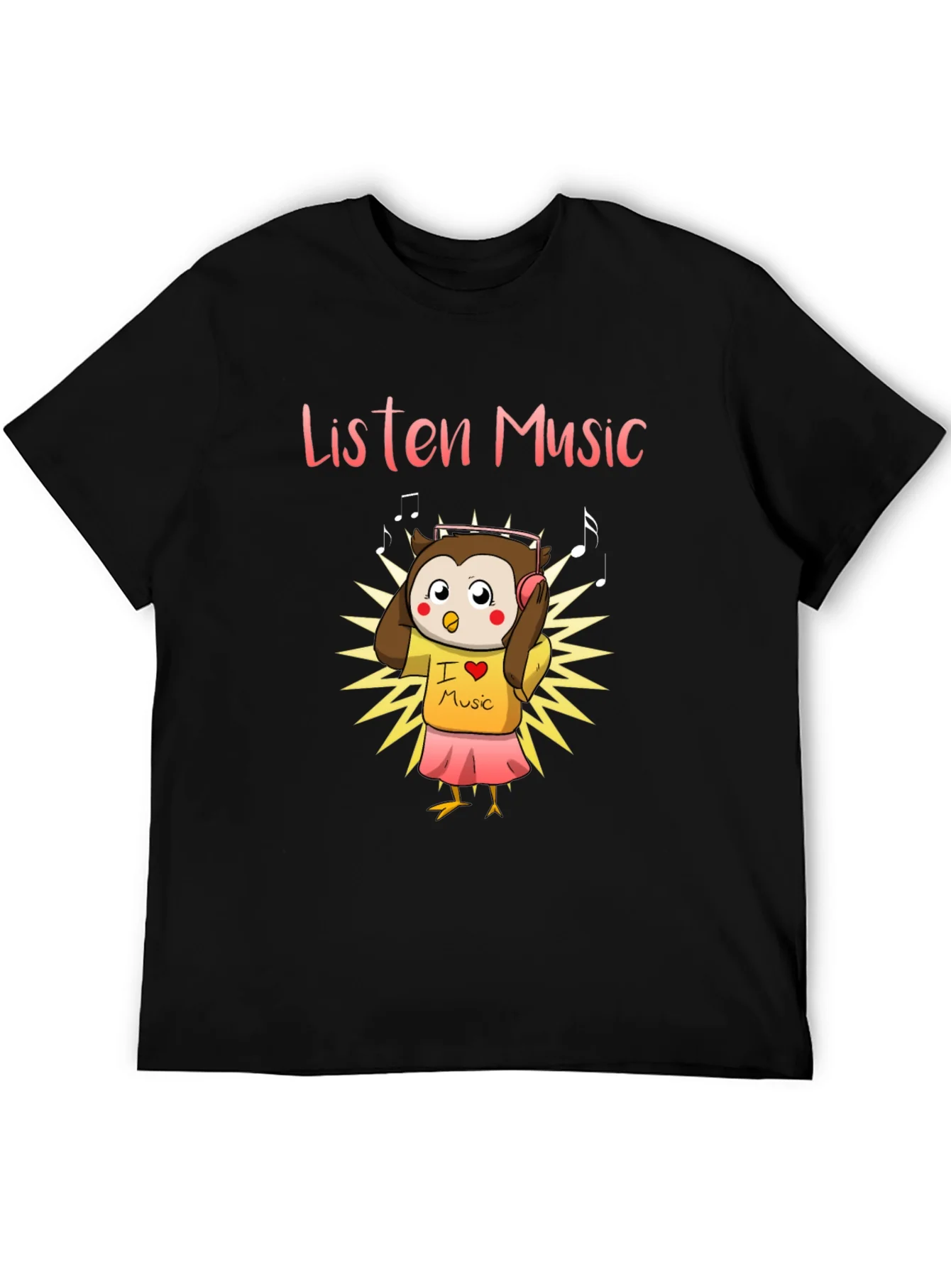 Listen Music Owl Graphic Tee - Black Cotton T-Shirt