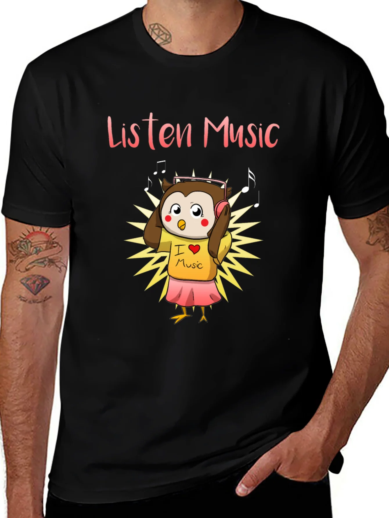 Listen Music Owl Graphic Tee - Black Cotton T-Shirt