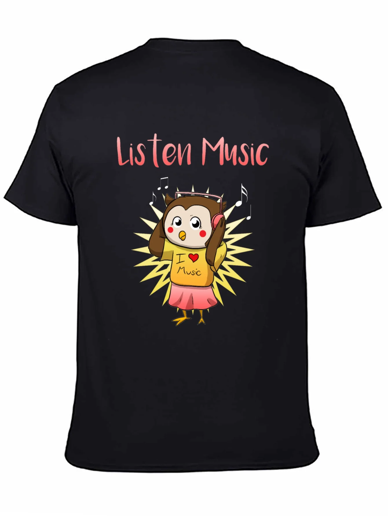 Listen Music Owl Graphic Tee - Black Cotton T-Shirt