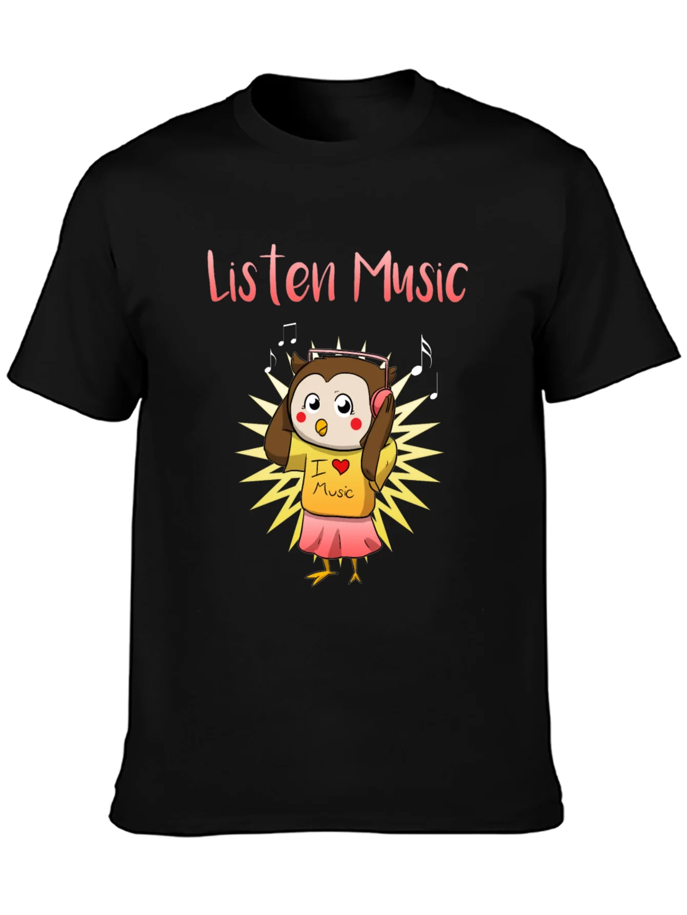 Listen Music Owl Graphic Tee - Black Cotton T-Shirt
