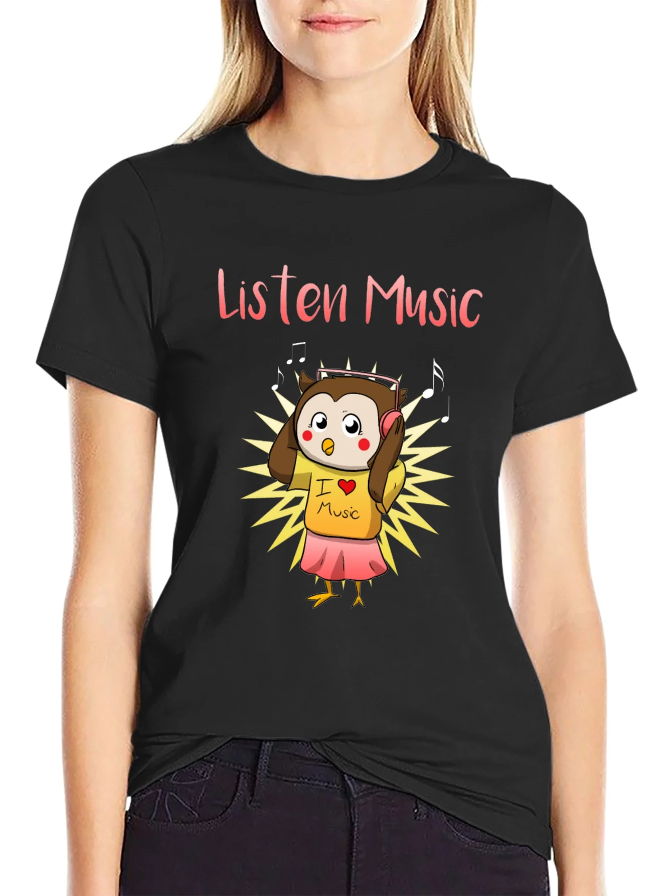 Listen Music Owl Graphic Tee - Black Cotton T-Shirt