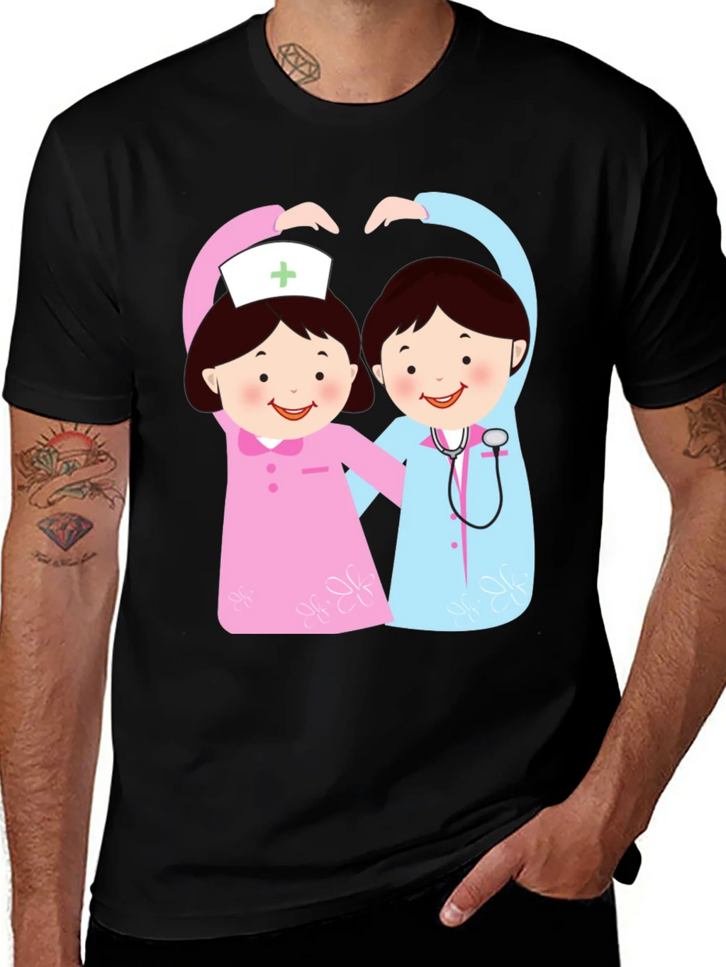 Cartoon Nurse Heart T-Shirt - Black