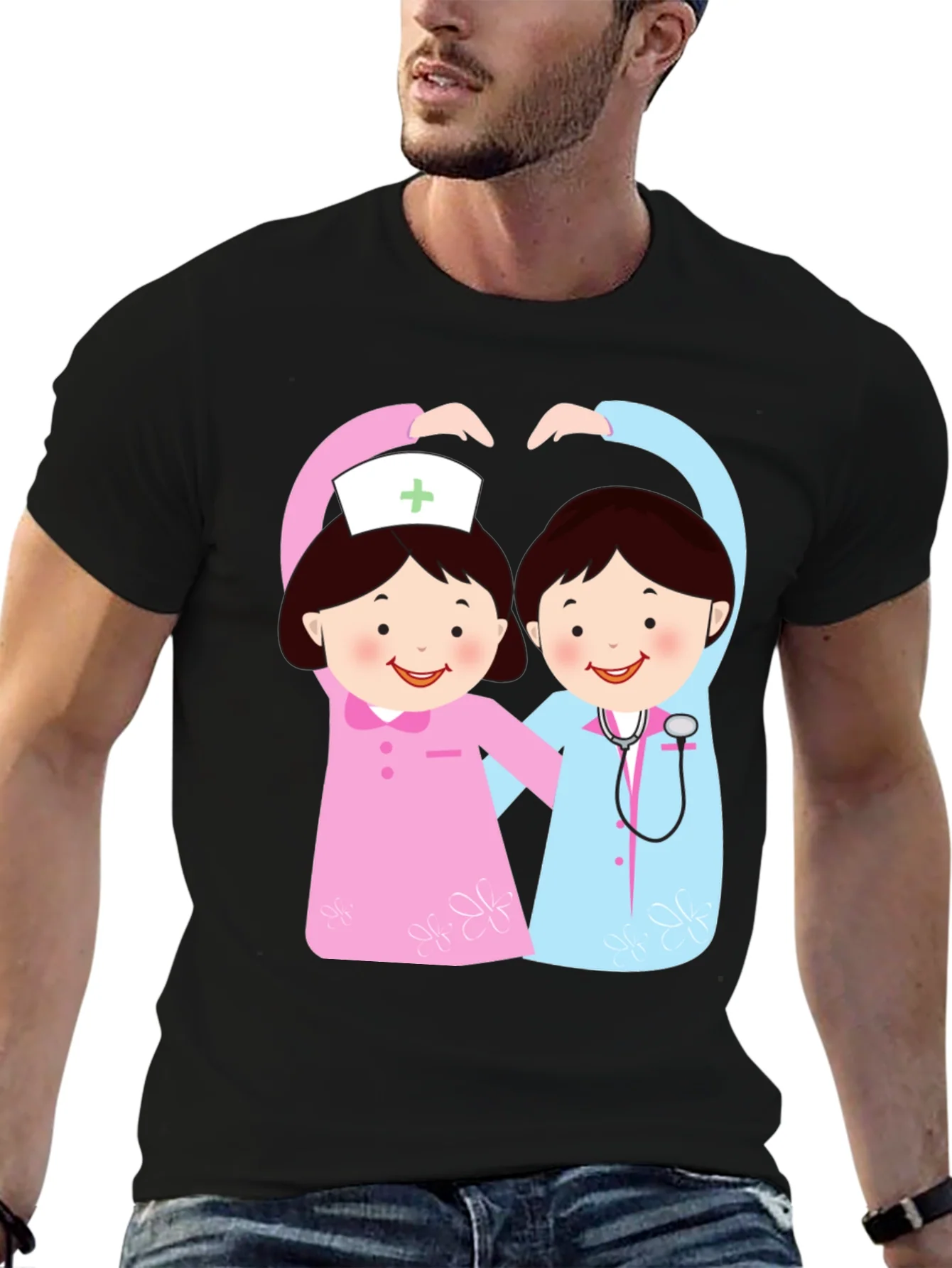 Cartoon Nurse Heart T-Shirt - Black
