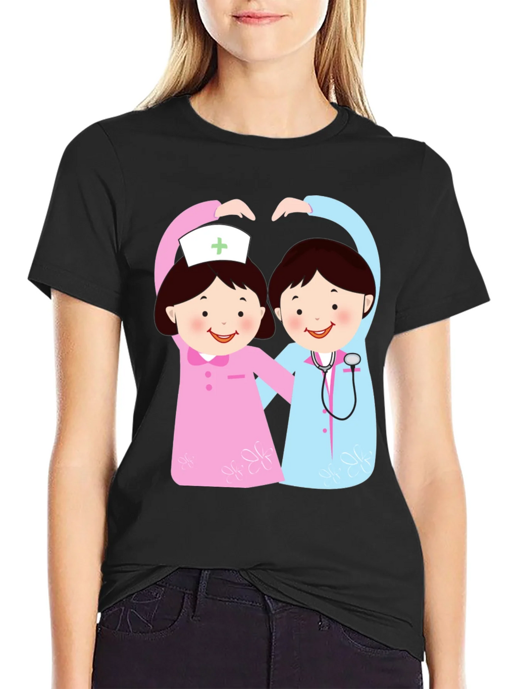 Cartoon Nurse Heart T-Shirt - Black