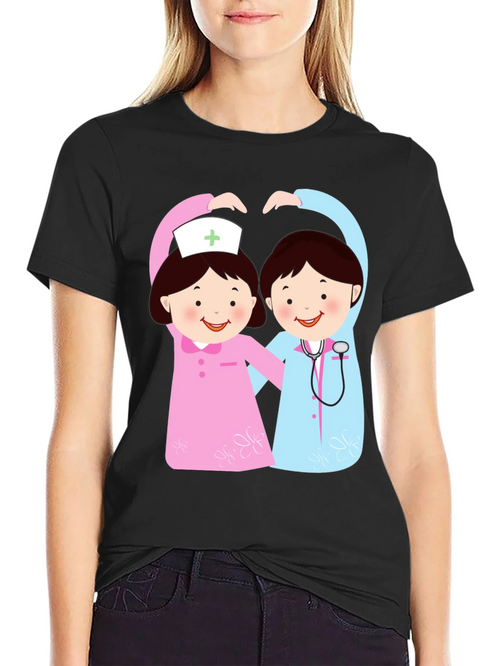 Cartoon Nurse Heart T-Shirt - Black