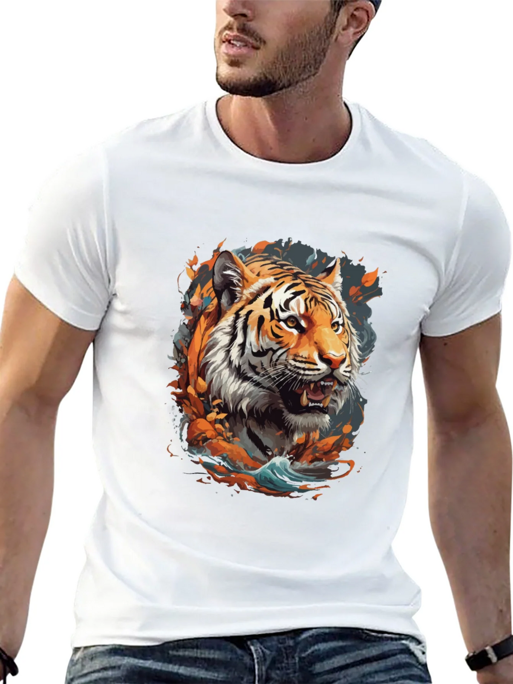 Tiger Graphic Print Crew Neck T-Shirt
