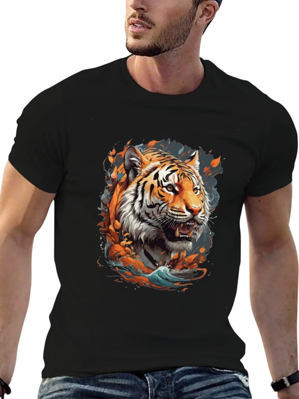 Tiger Graphic Print Crew Neck T-Shirt