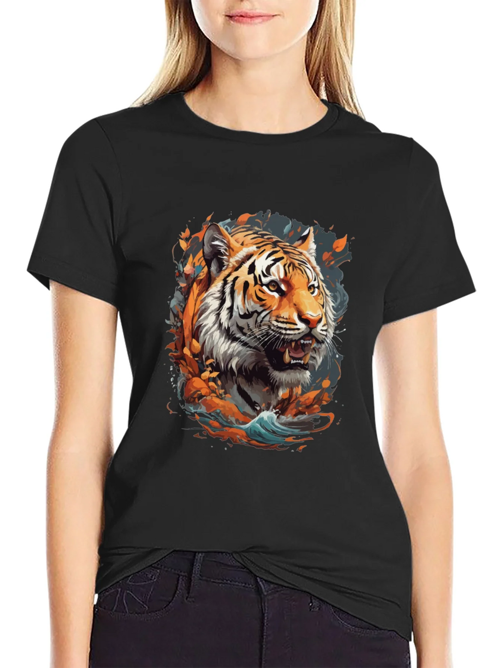 Tiger Graphic Print Crew Neck T-Shirt