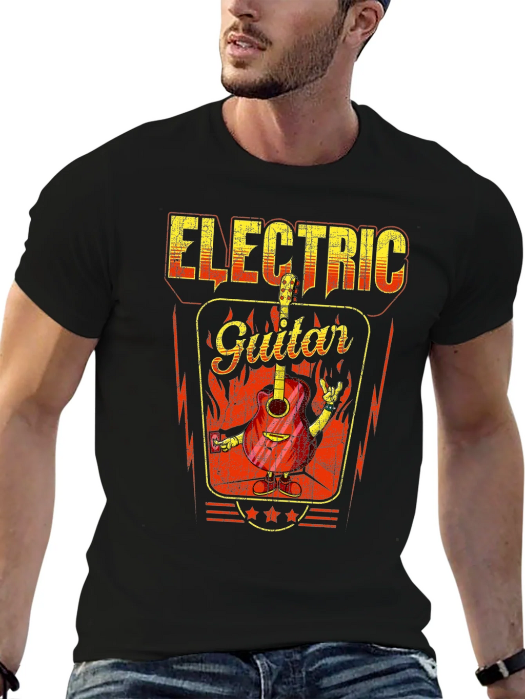 Electric Guitar Graphic Print Black T-Shirt