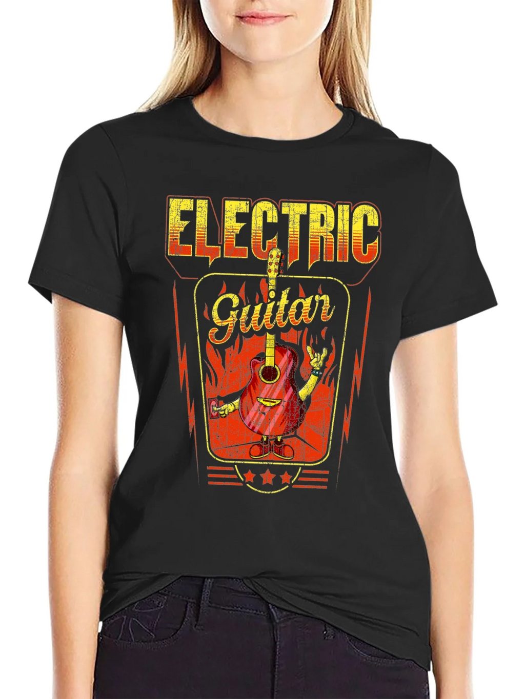 Electric Guitar Graphic Print Black T-Shirt