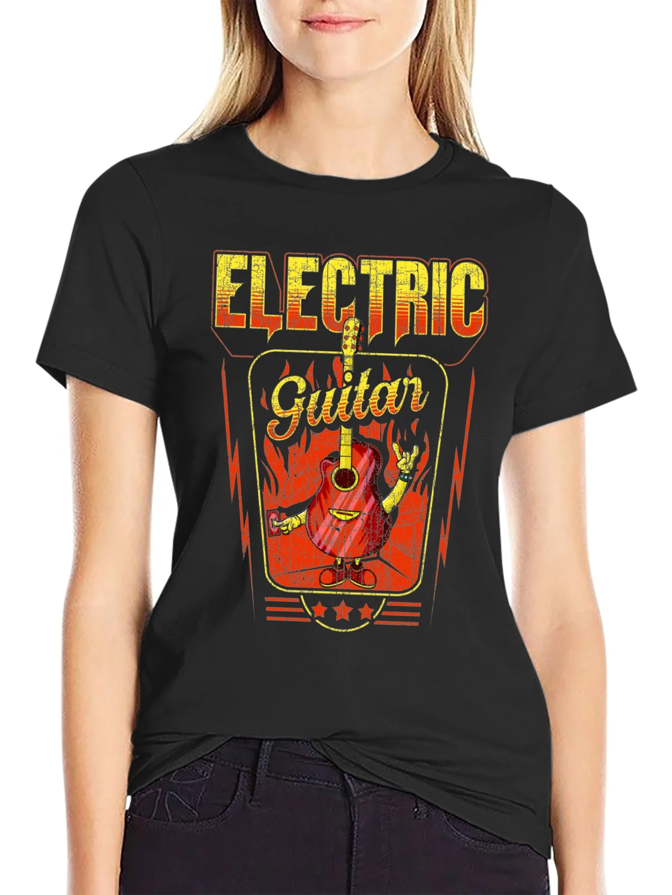 Electric Guitar Graphic Print Black T-Shirt