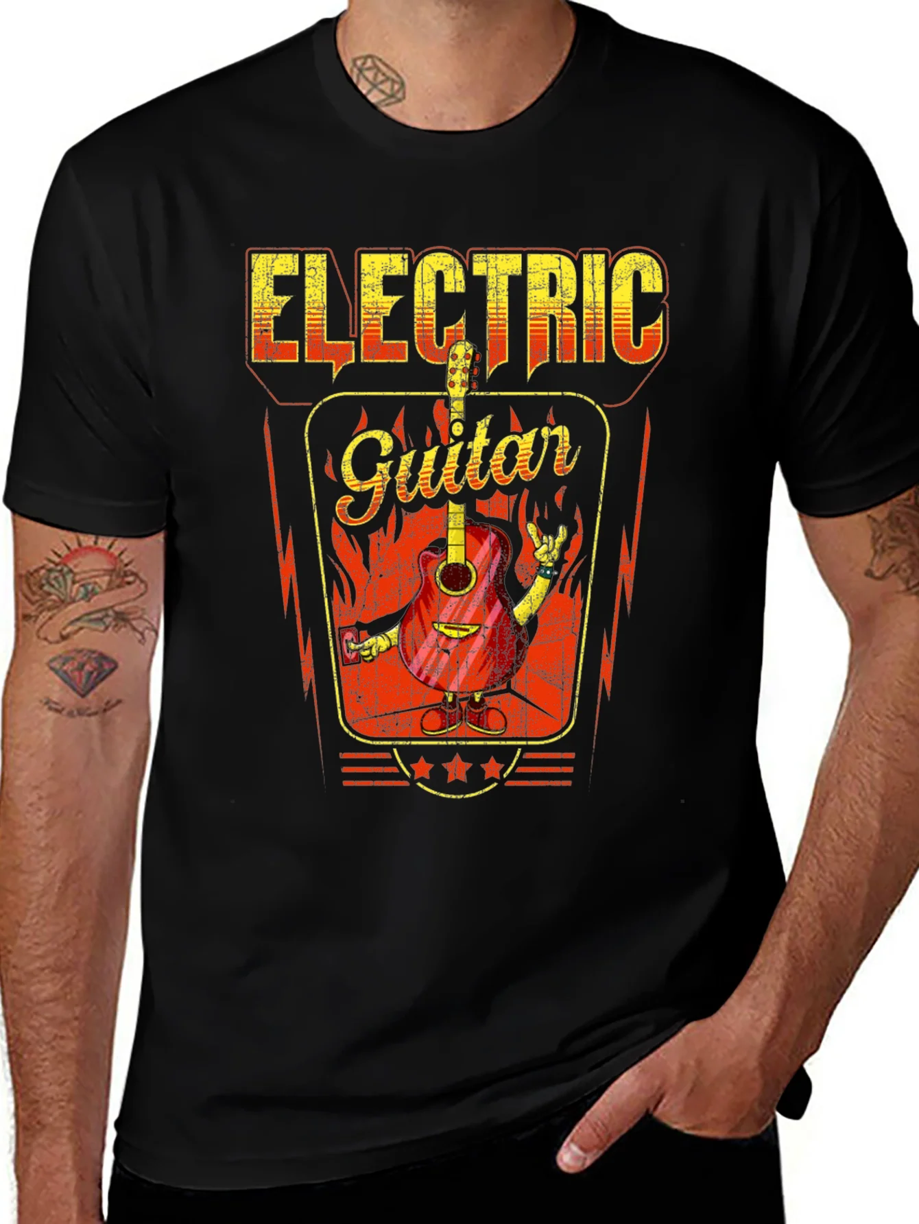 Electric Guitar Graphic Print Black T-Shirt