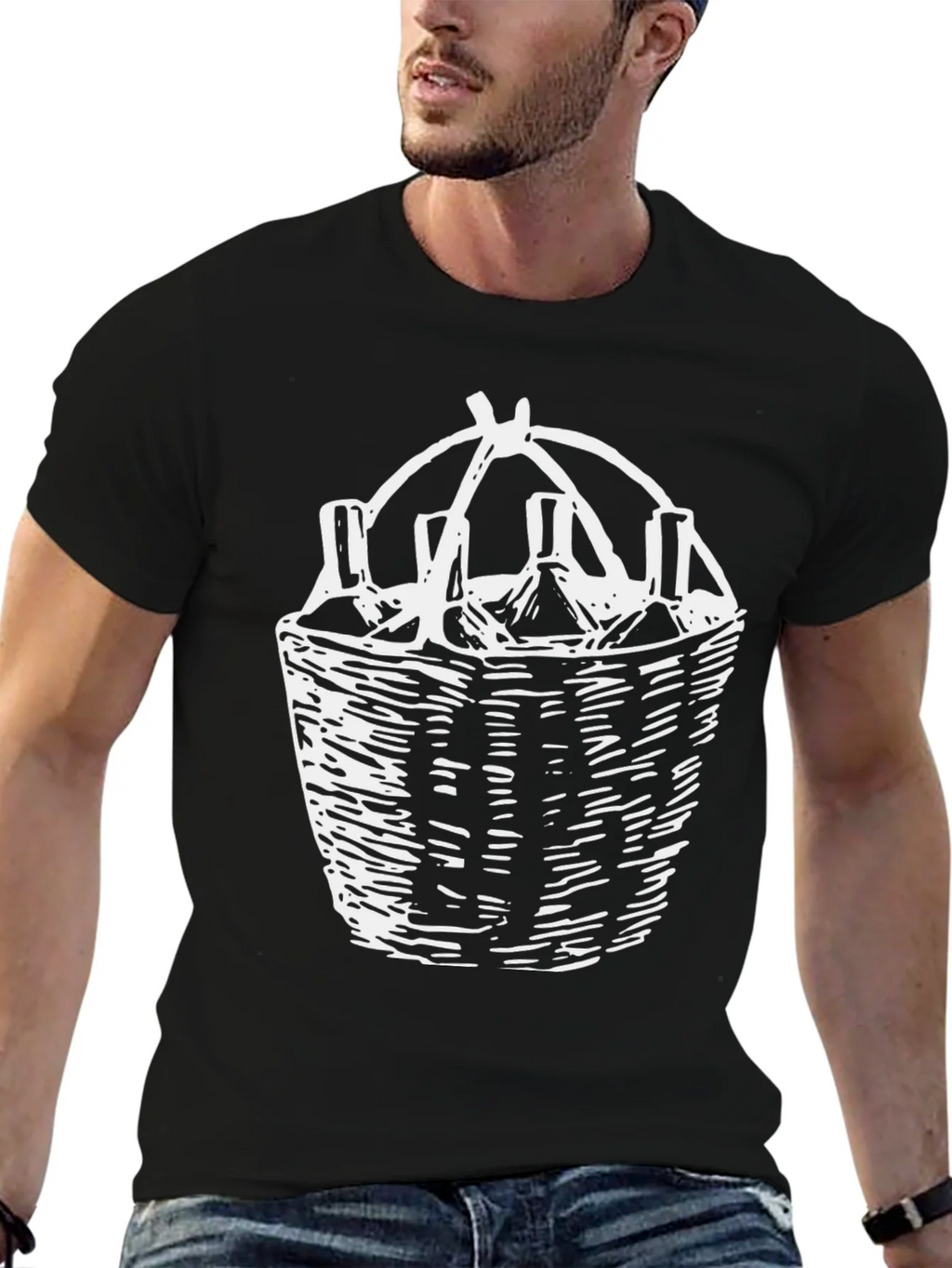 Wine Basket Graphic Tee - Black Cotton T-Shirt