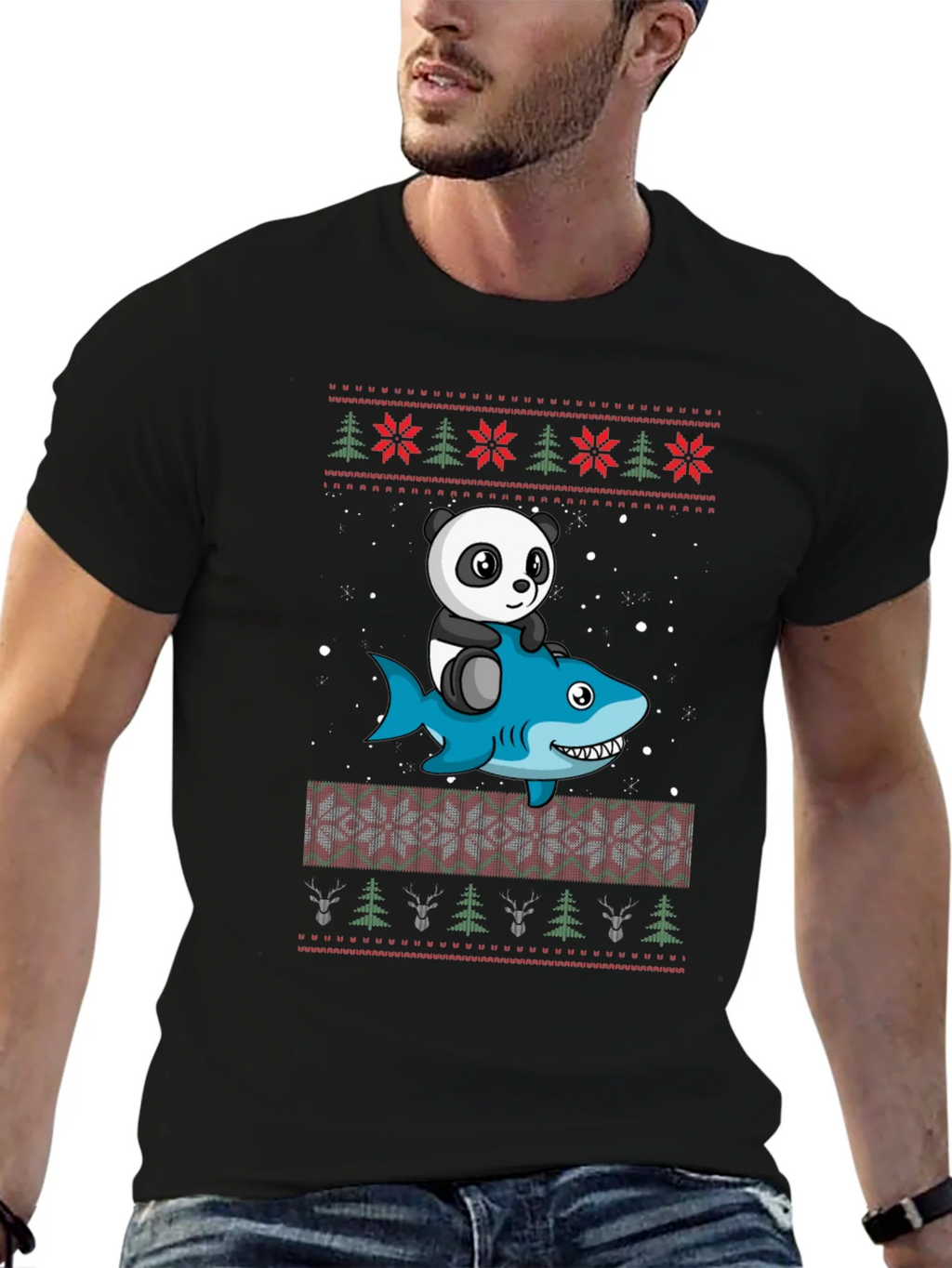 Panda Riding Shark Ugly Christmas Sweater T-Shirt
