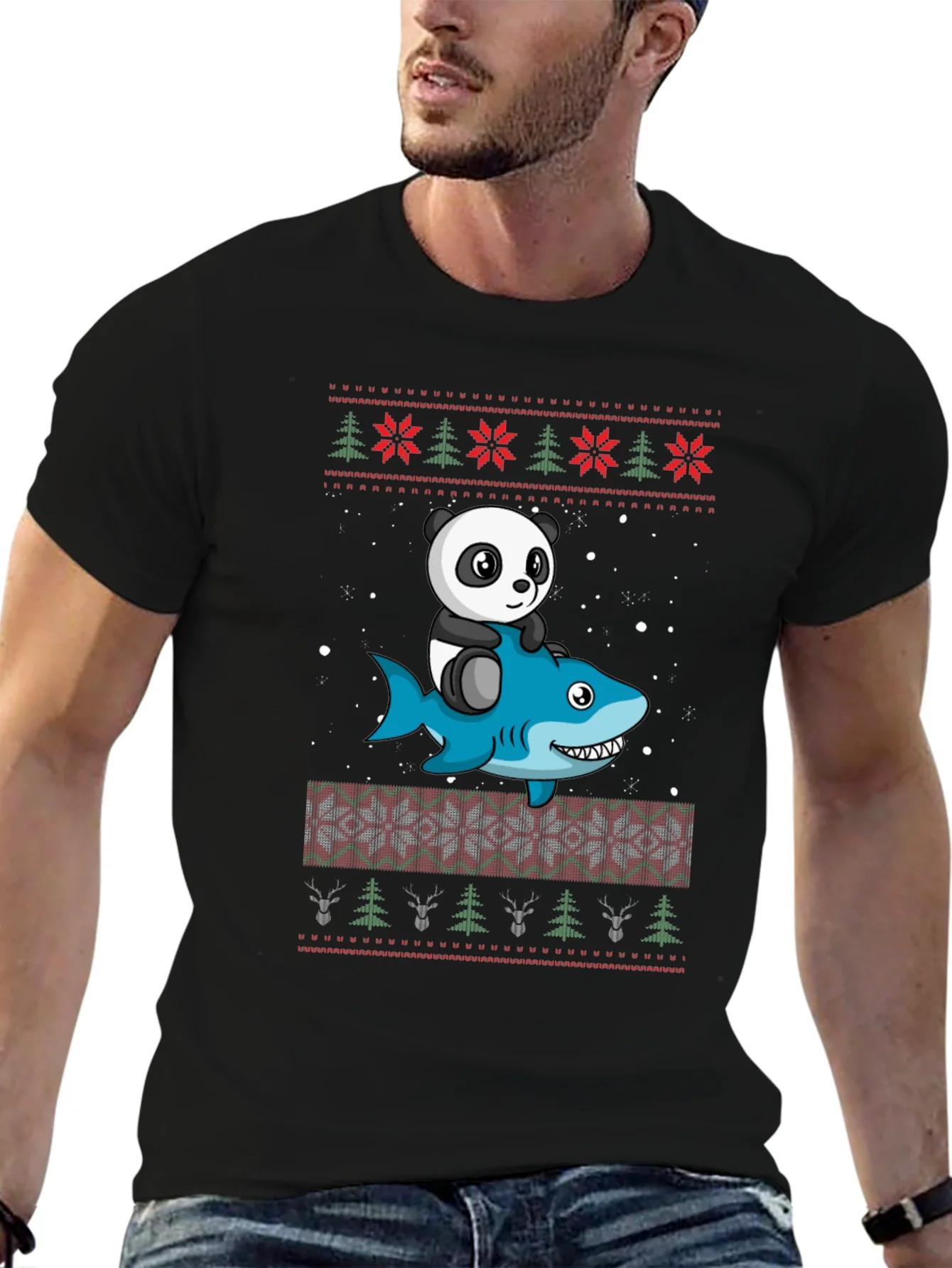 Panda Riding Shark Ugly Christmas Sweater T-Shirt