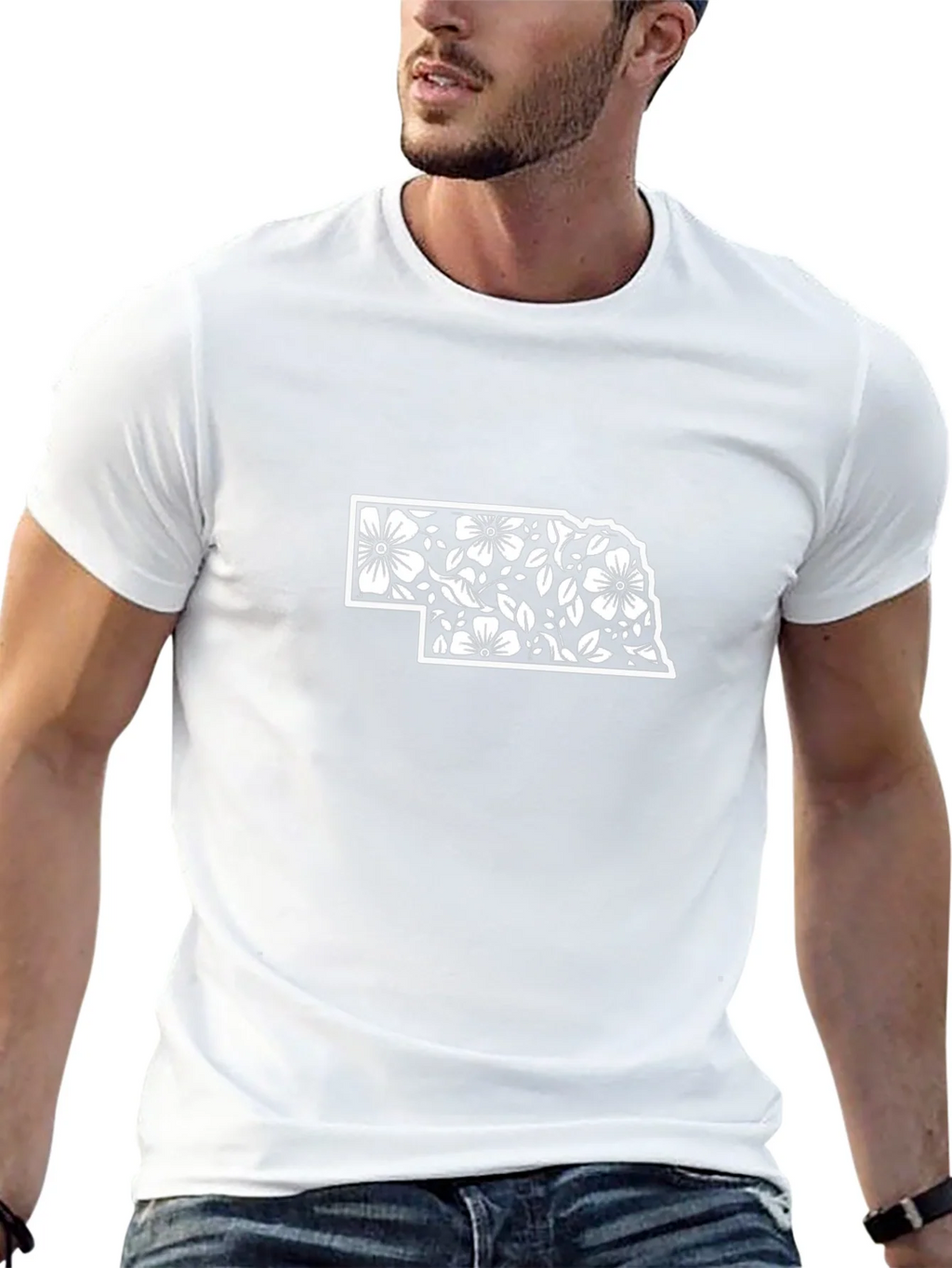 Nebraska Floral State Outline Black T-Shirt