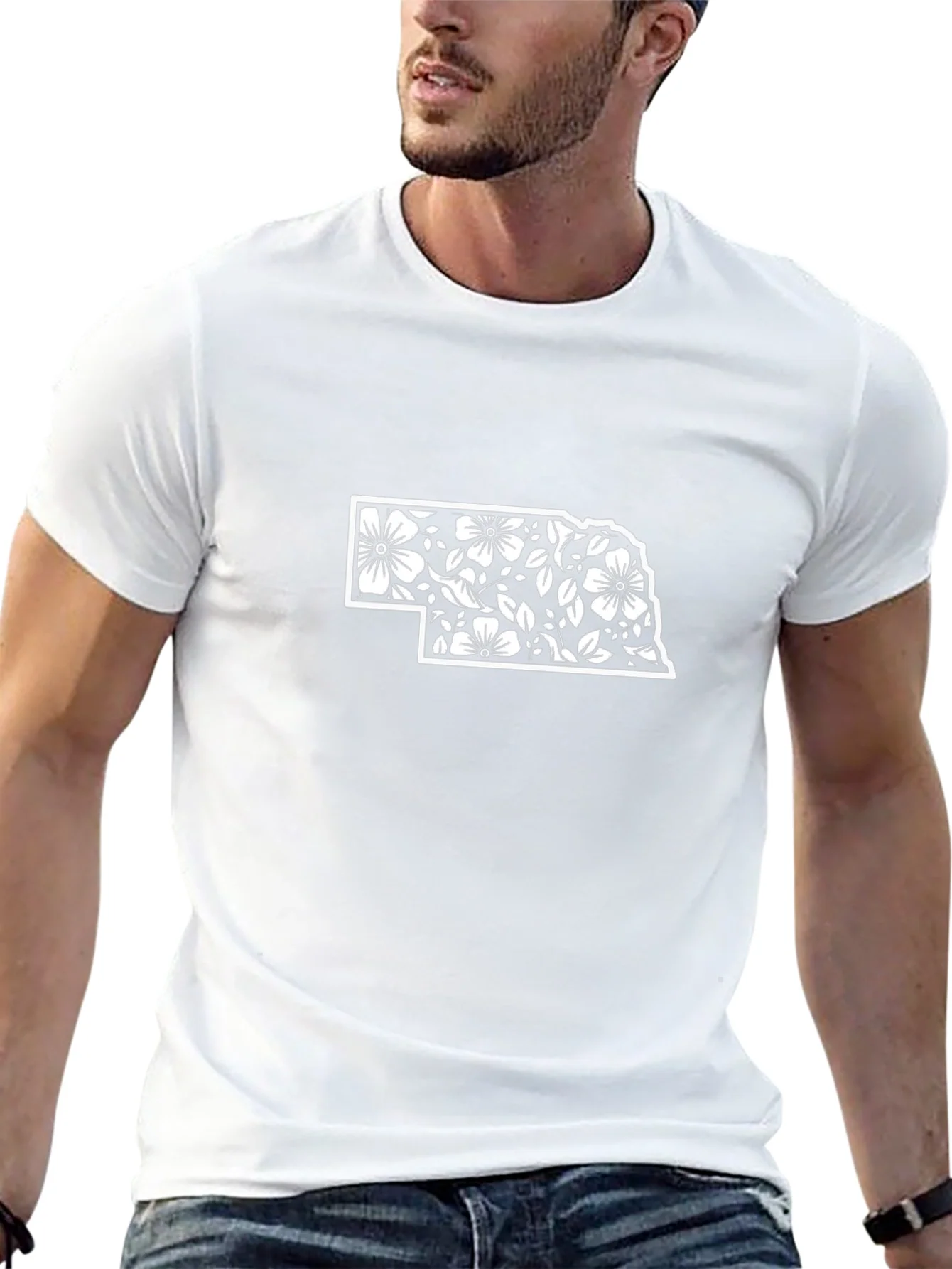 Nebraska Floral State Outline Black T-Shirt