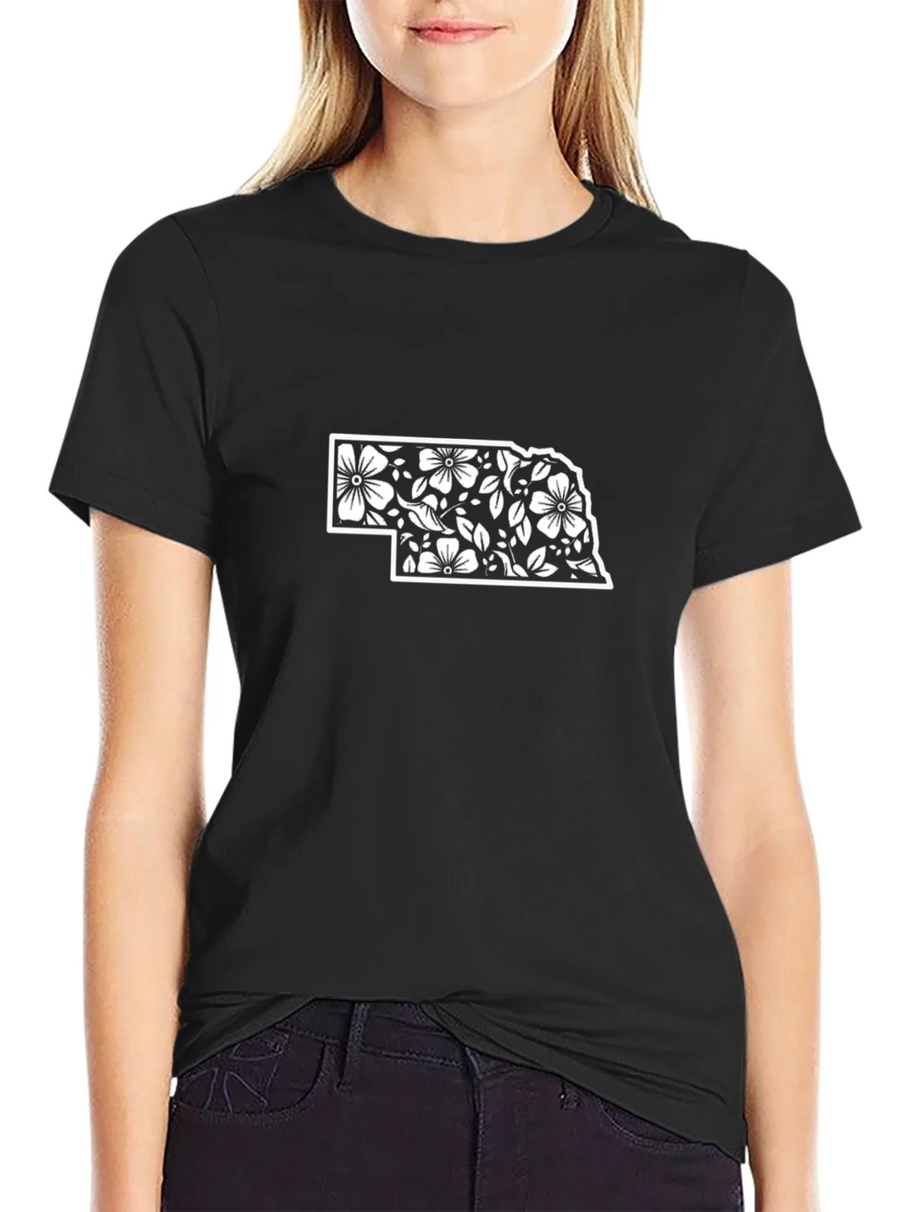 Nebraska Floral State Outline Black T-Shirt