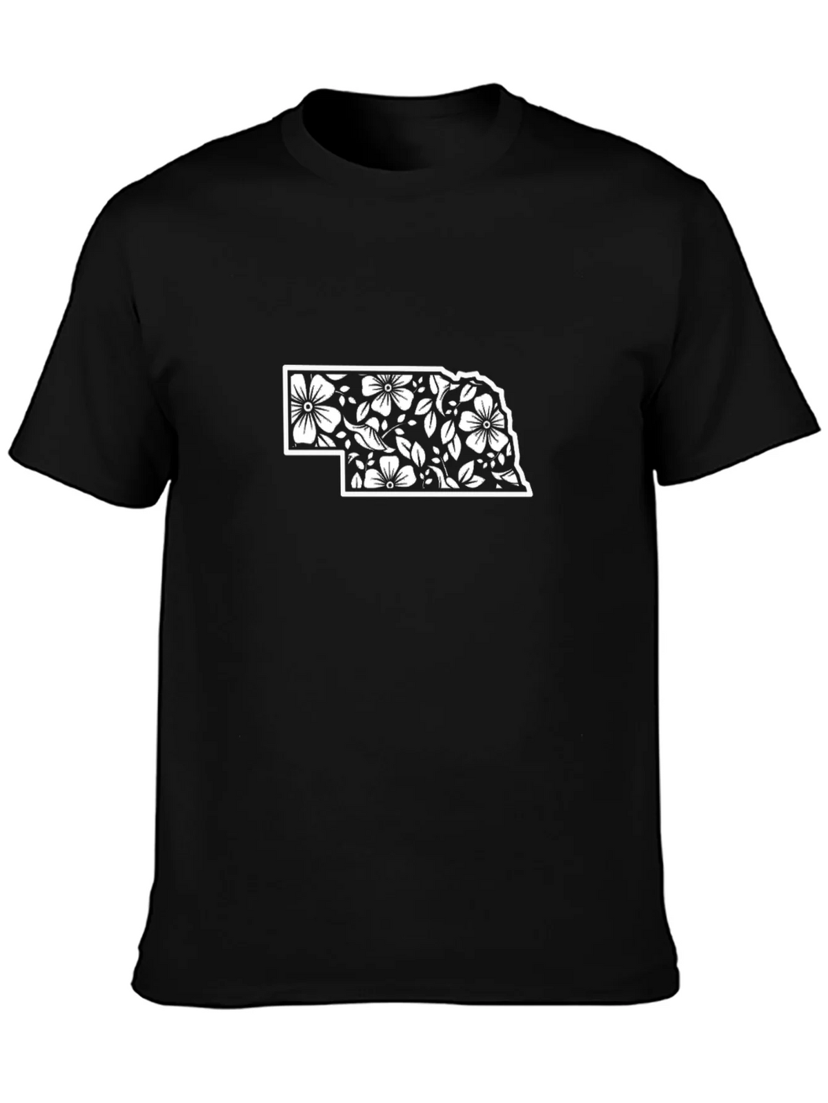Nebraska Floral State Outline Black T-Shirt