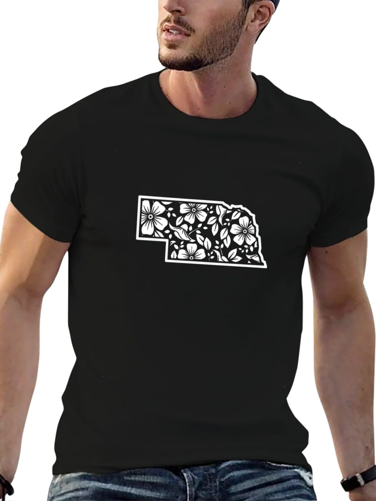 Nebraska Floral State Outline Black T-Shirt