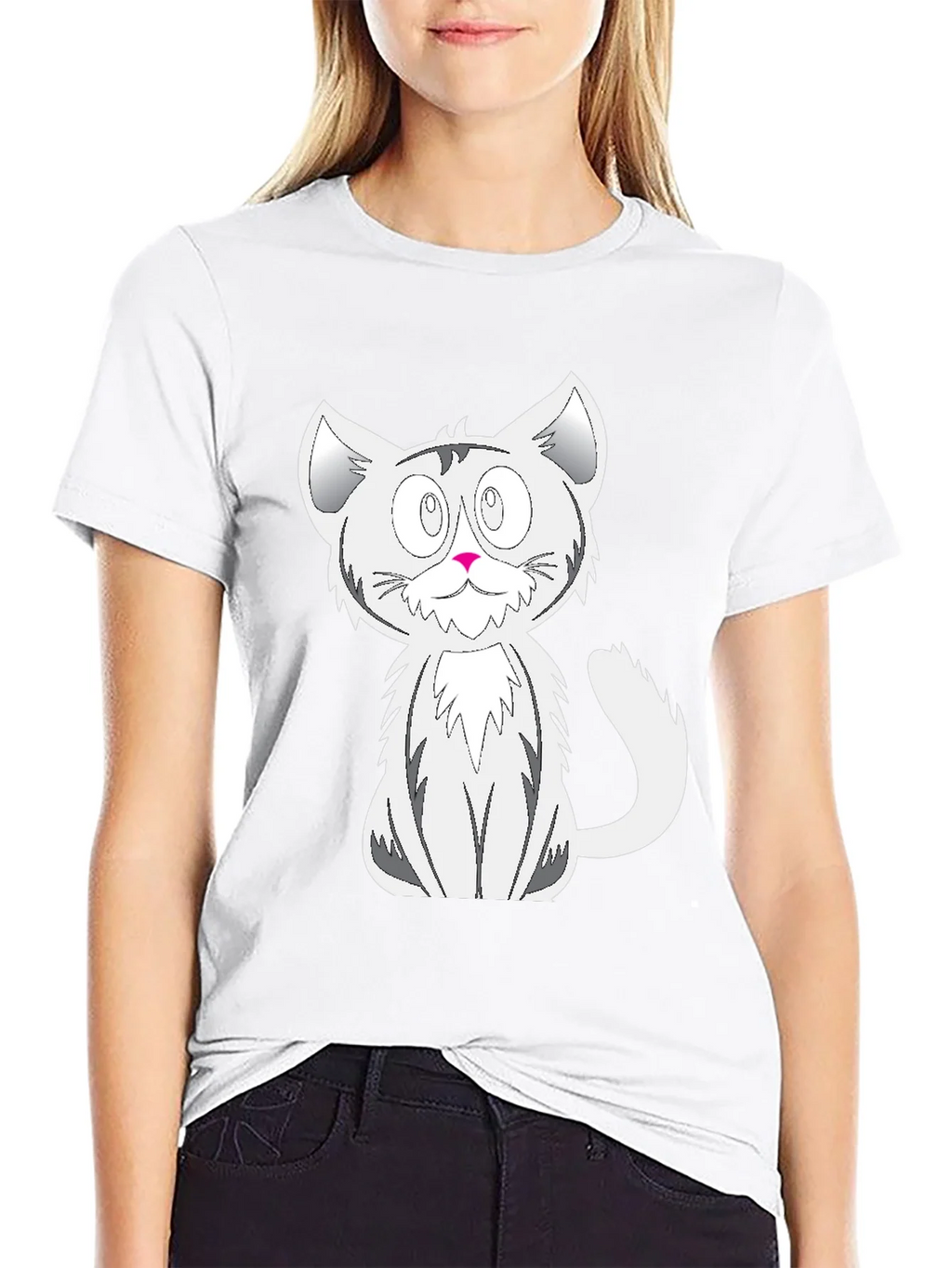 Cartoon Cat Graphic Tee - Black Cotton