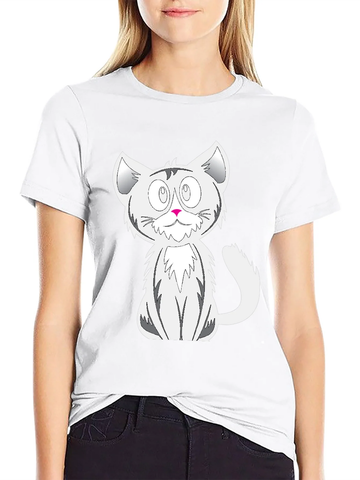 Cartoon Cat Graphic Tee - Black Cotton