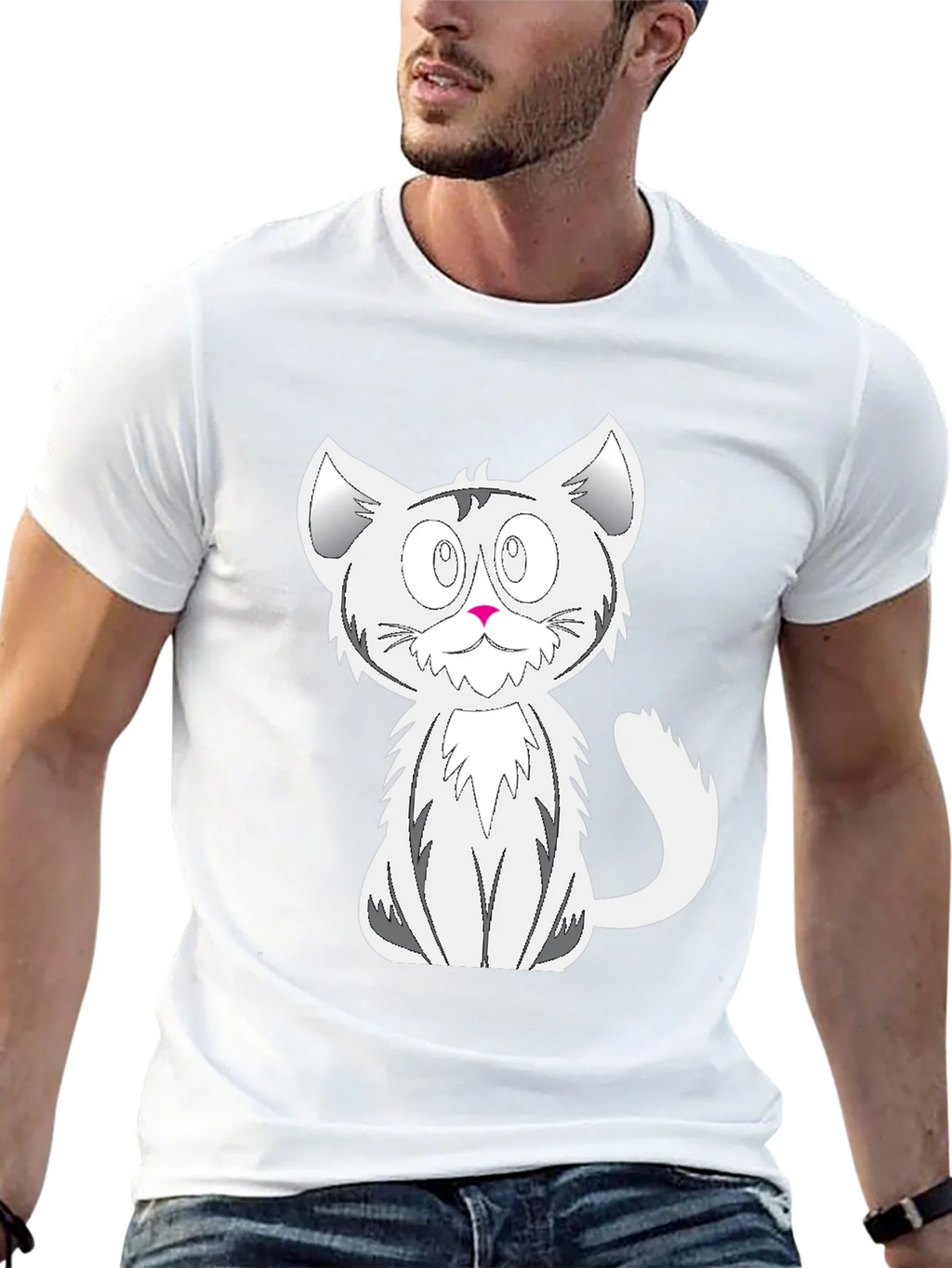 Cartoon Cat Graphic Tee - Black Cotton