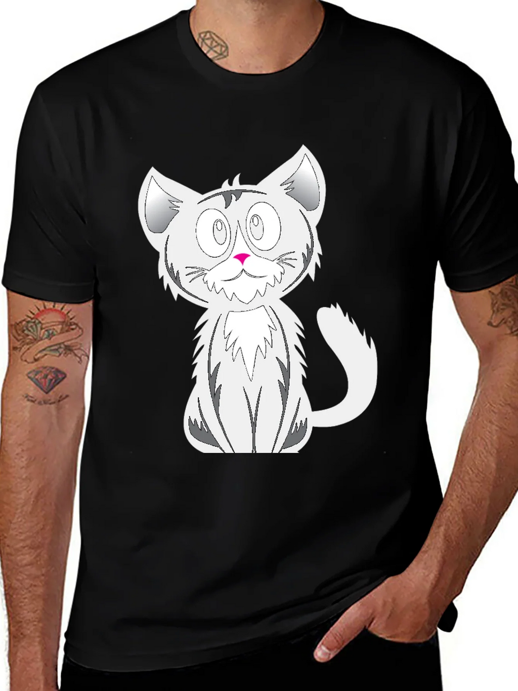 Cartoon Cat Graphic Tee - Black Cotton