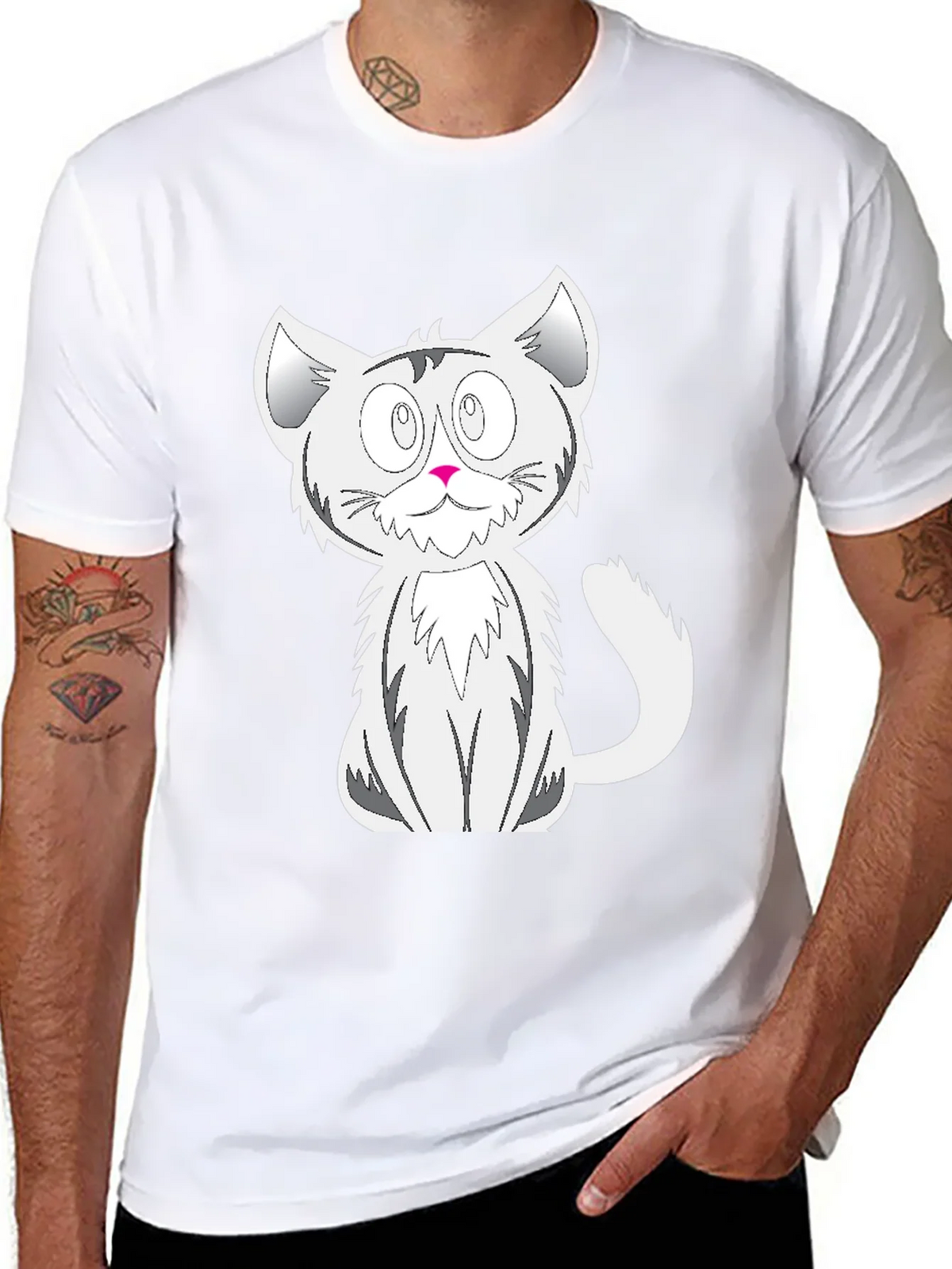 Cartoon Cat Graphic Tee - Black Cotton