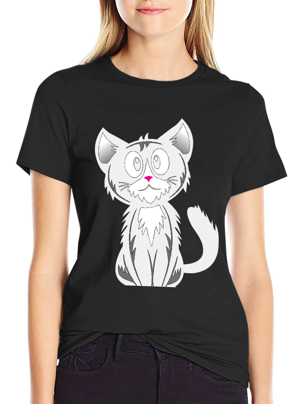 Cartoon Cat Graphic Tee - Black Cotton