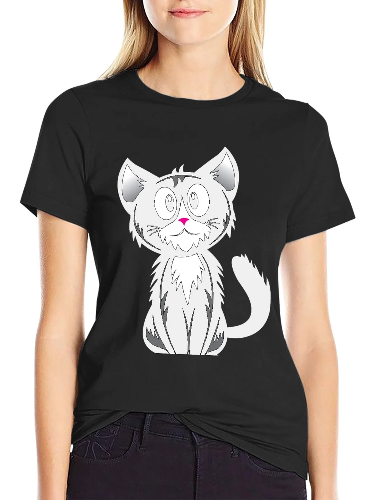 Cartoon Cat Graphic Tee - Black Cotton